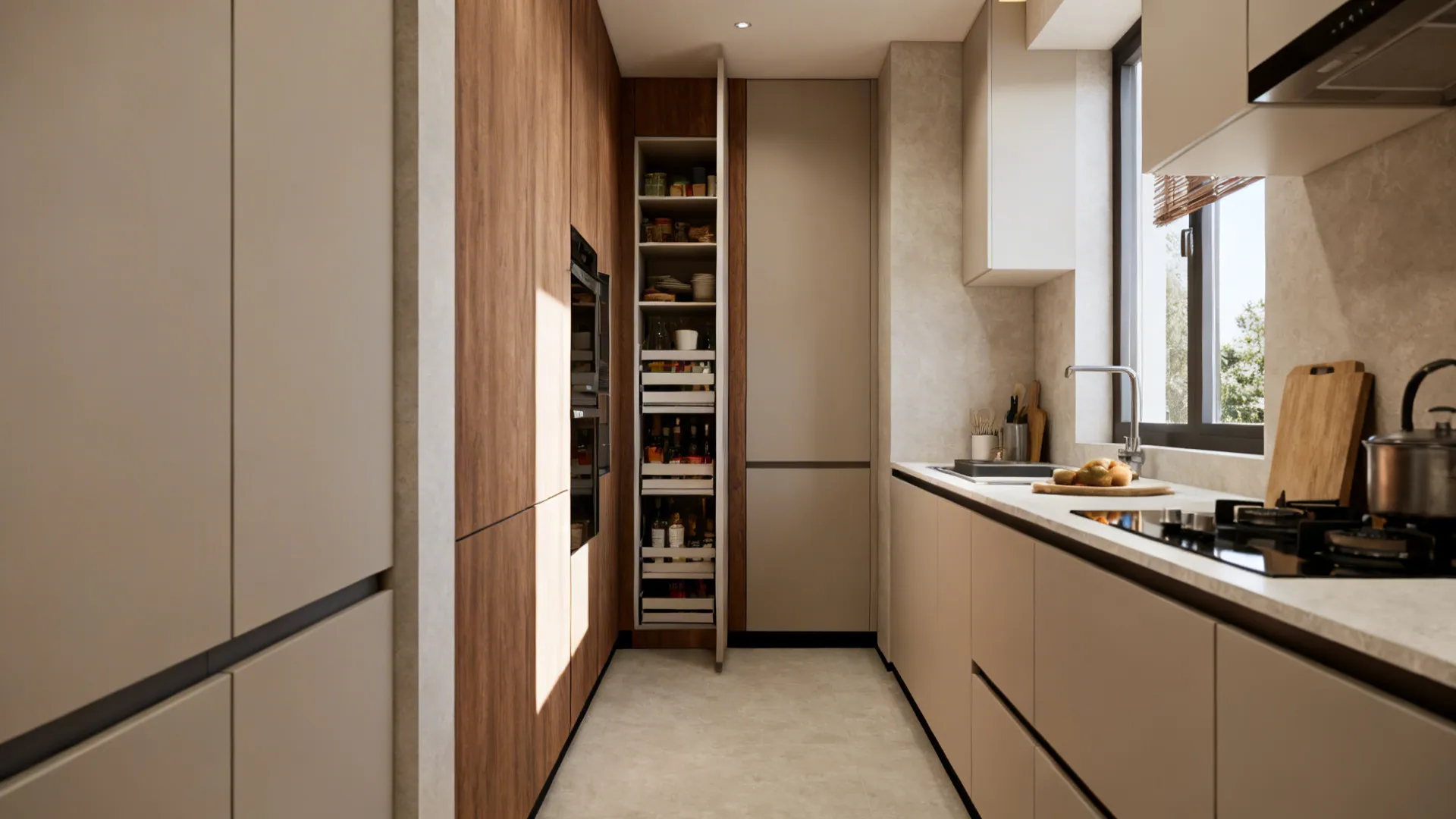 Galley kitchen with a slim shallow cabinet on a narrow wall, preserving walkway flow.