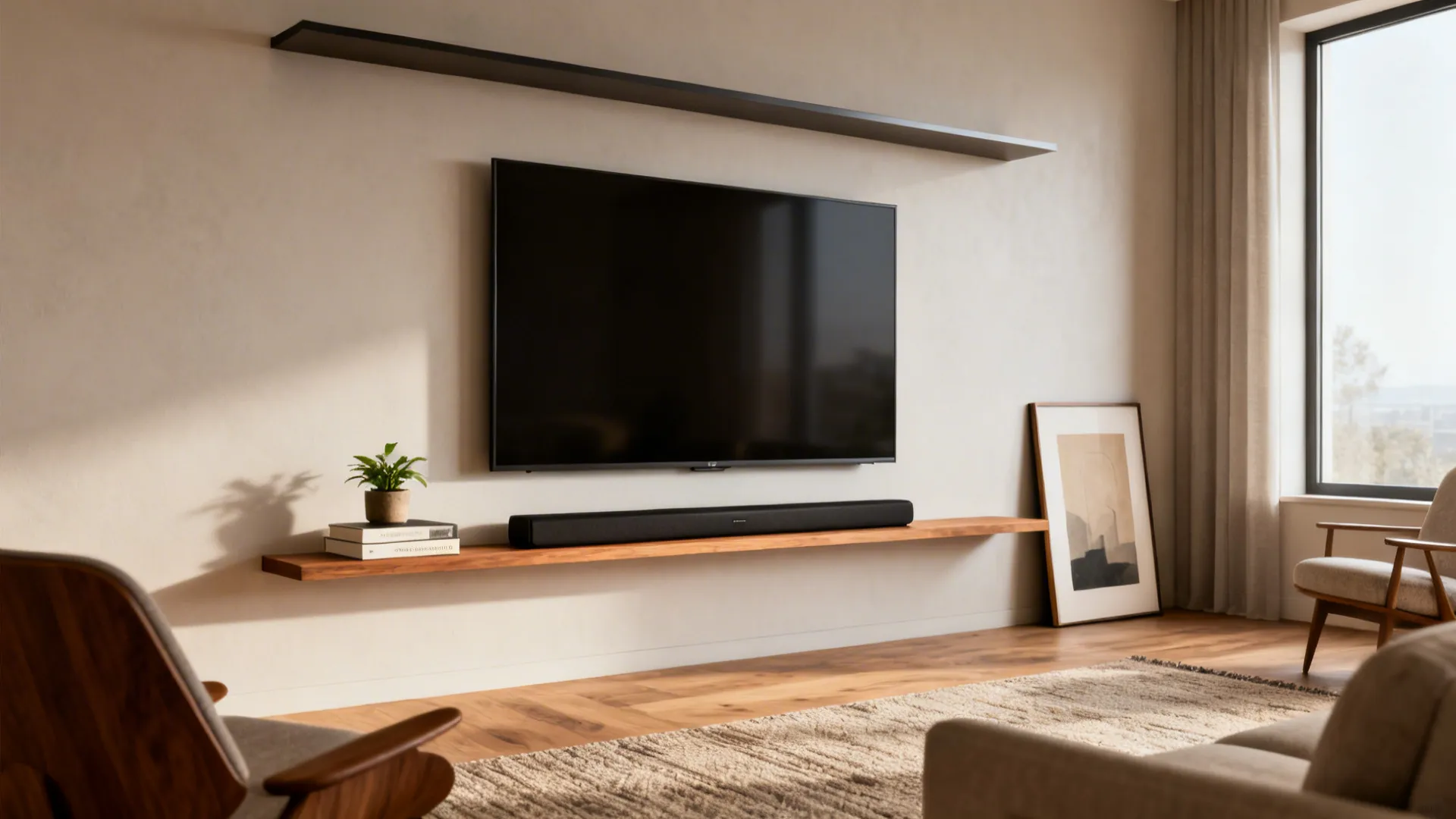 Modern living room featuring a wall mounted television with slim black shelf and wooden console