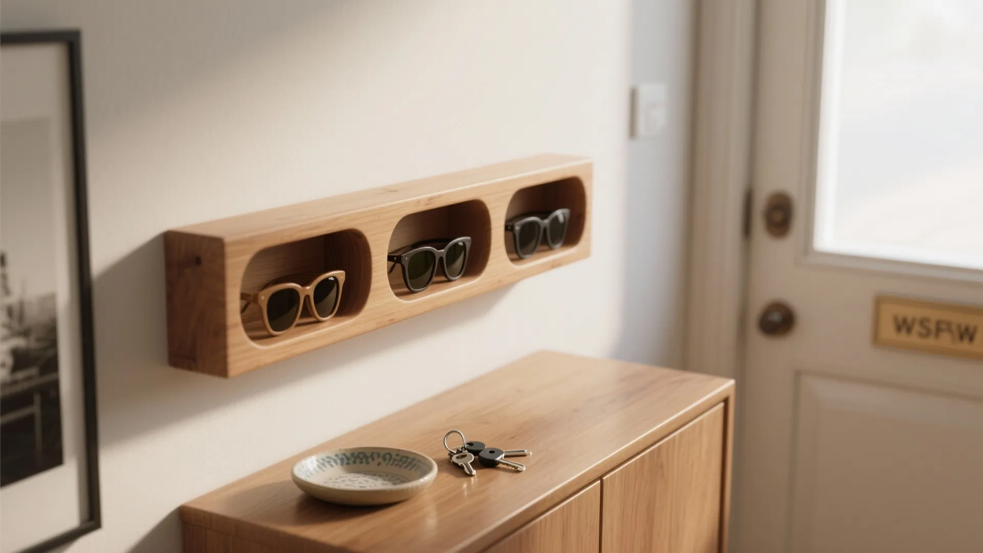 Modern wooden wall shelf with three oval cutouts holding sunglasses above a wooden storage cabinet