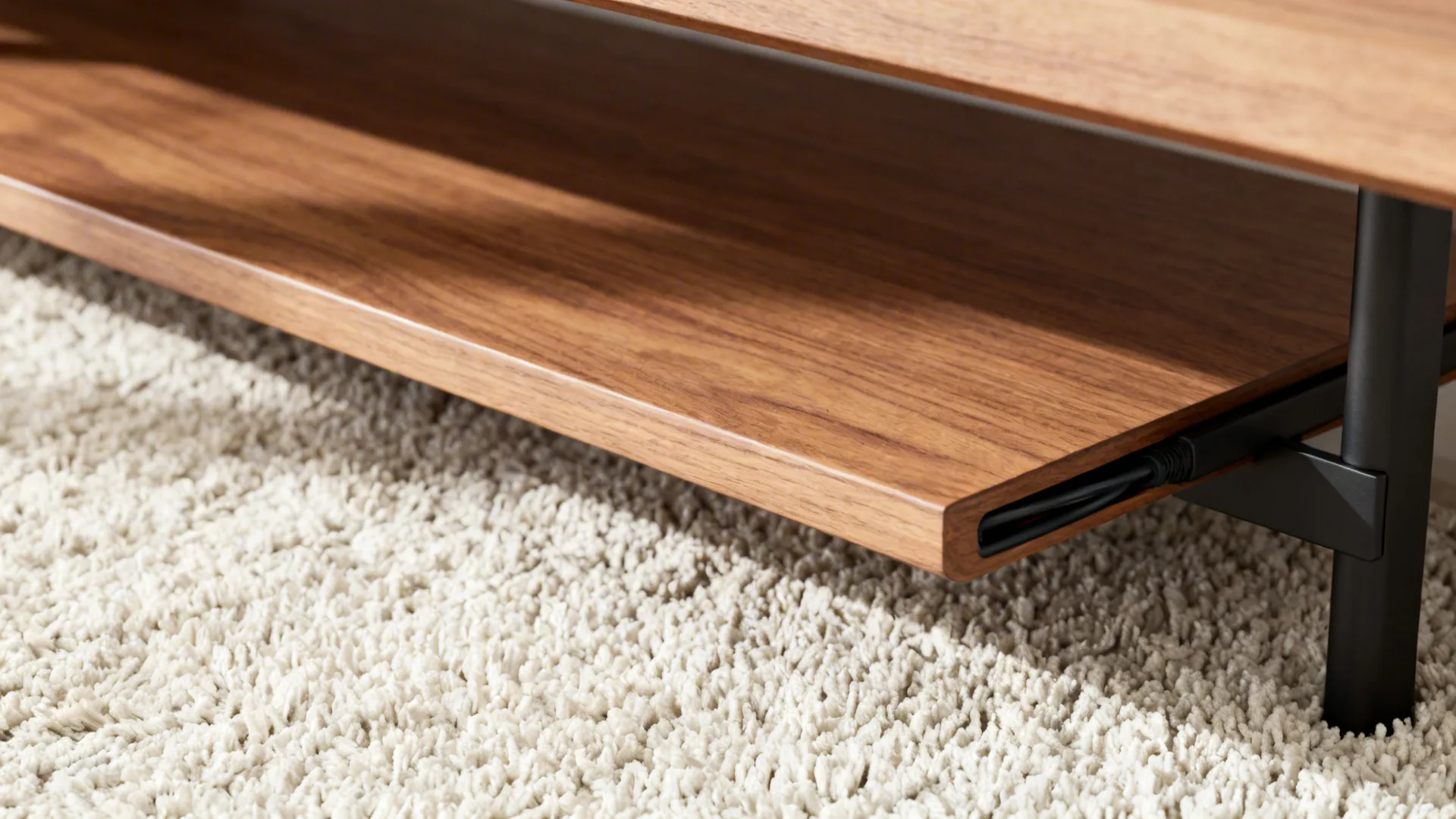 Macro of matte oak floating media shelf above a low-pile rug showing fine grain and texture.