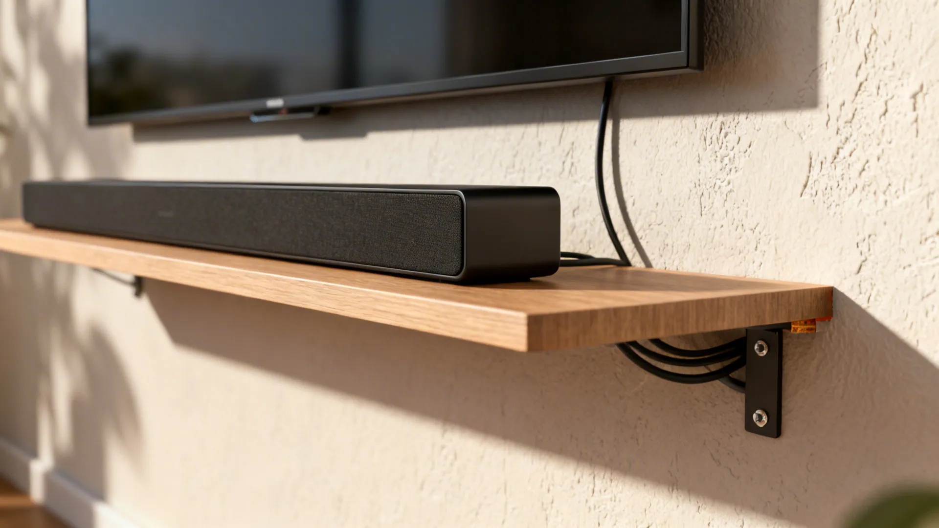 Close-up of a slim floating shelf with a low-profile soundbar and hidden cables