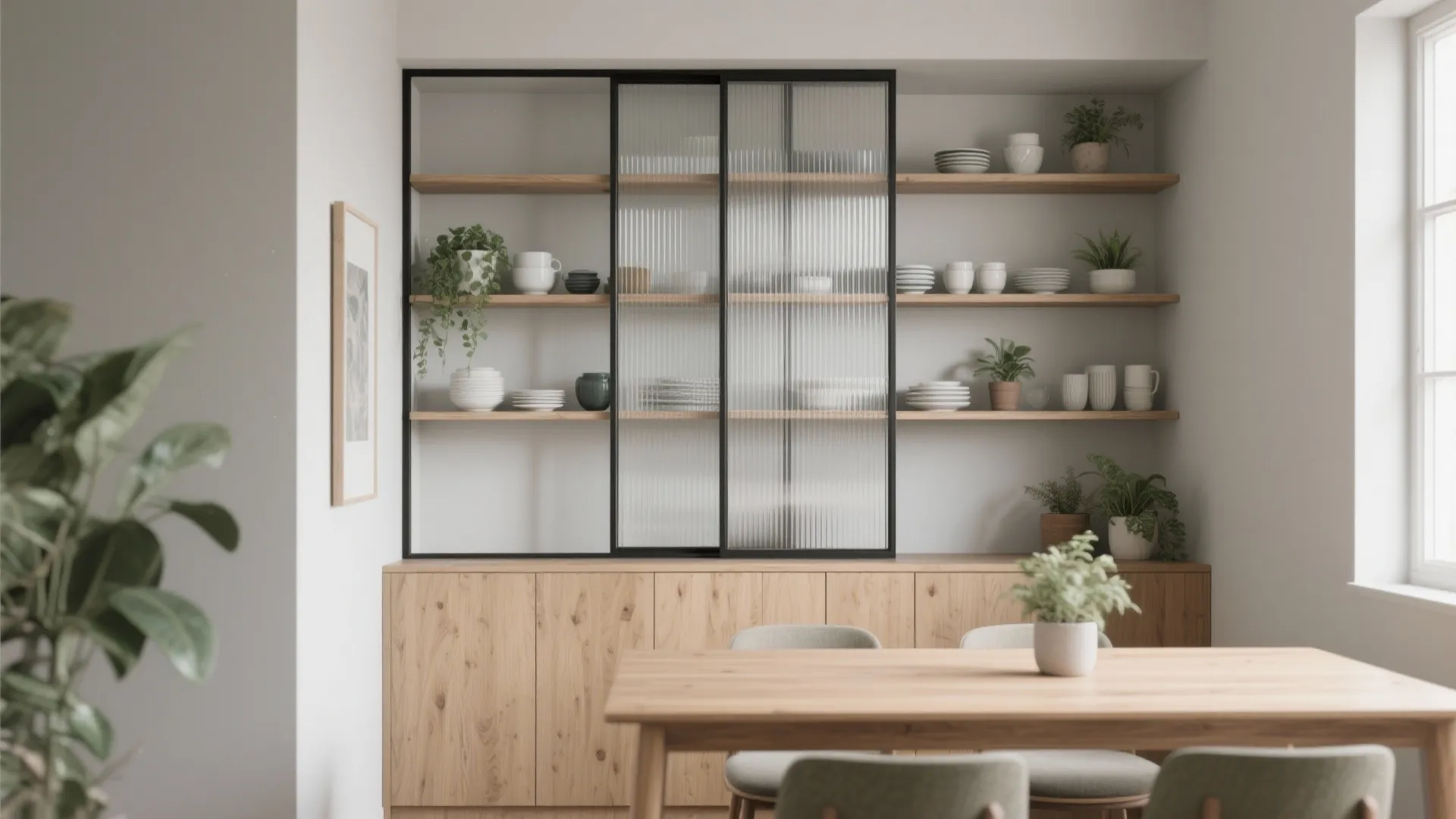 Wooden kitchen cabinet with glass sliding doors displaying white ceramic plates and small green potted plants