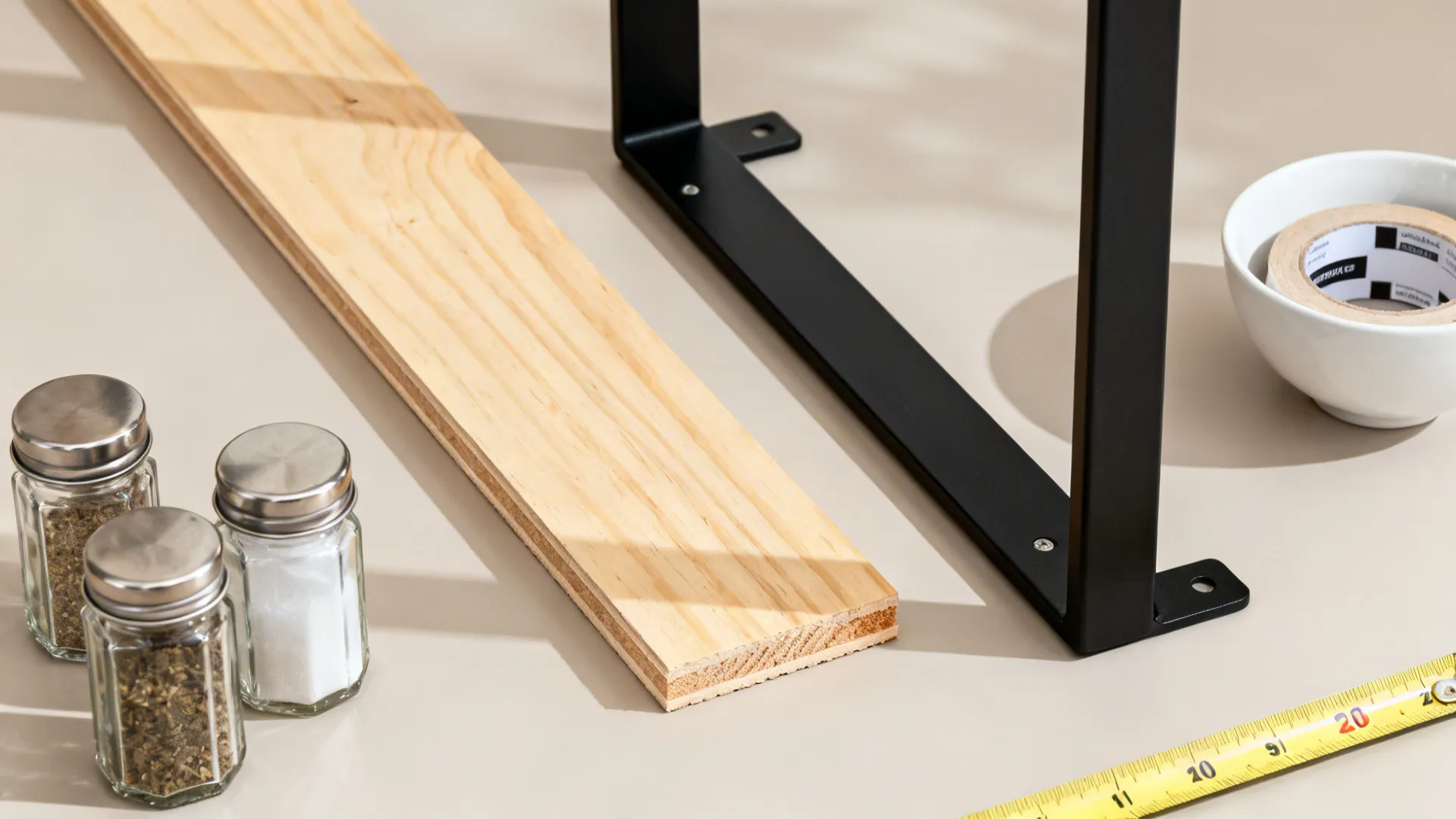 Flat-lay of birch plywood, black brackets, glass jars, ceramic bowl, and tape measure indicating 20 cm depth.