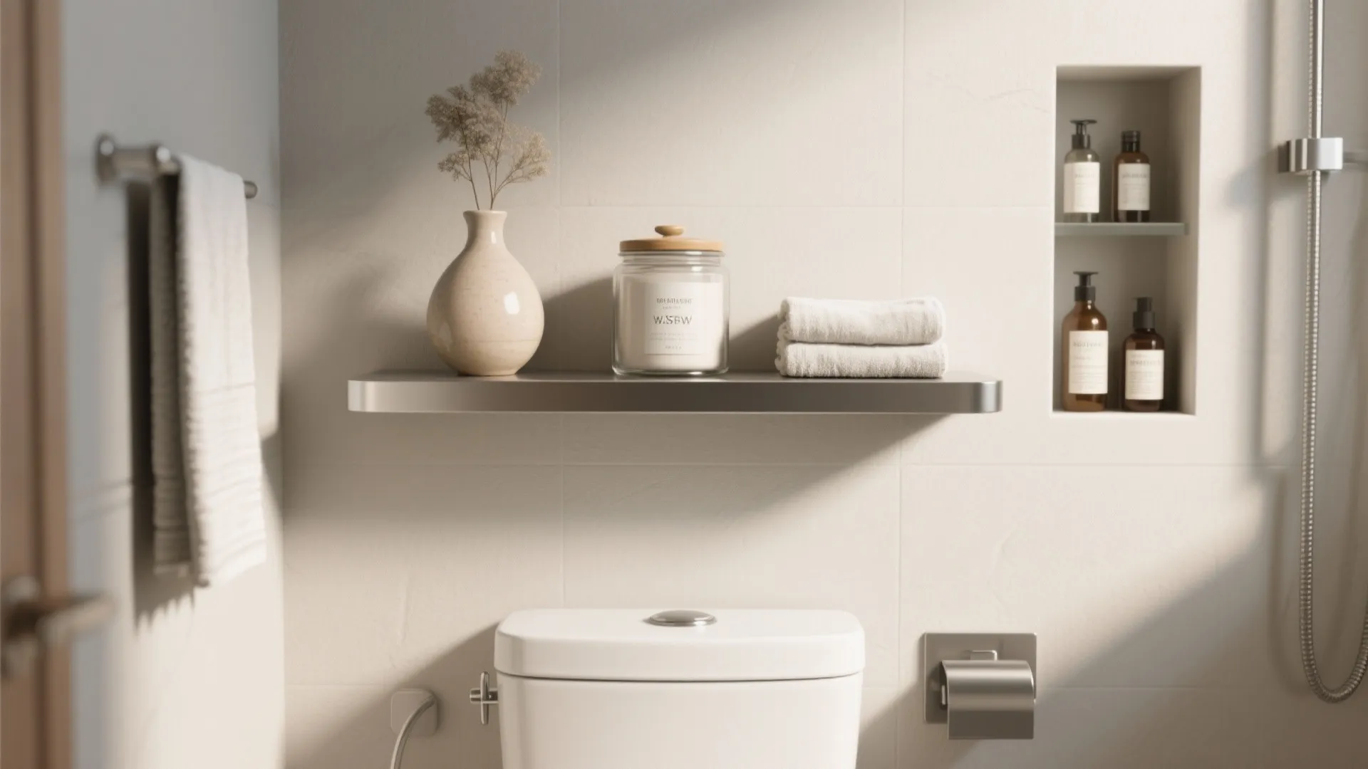 Slim floating shelf with three styled items and a tidy recessed shower niche