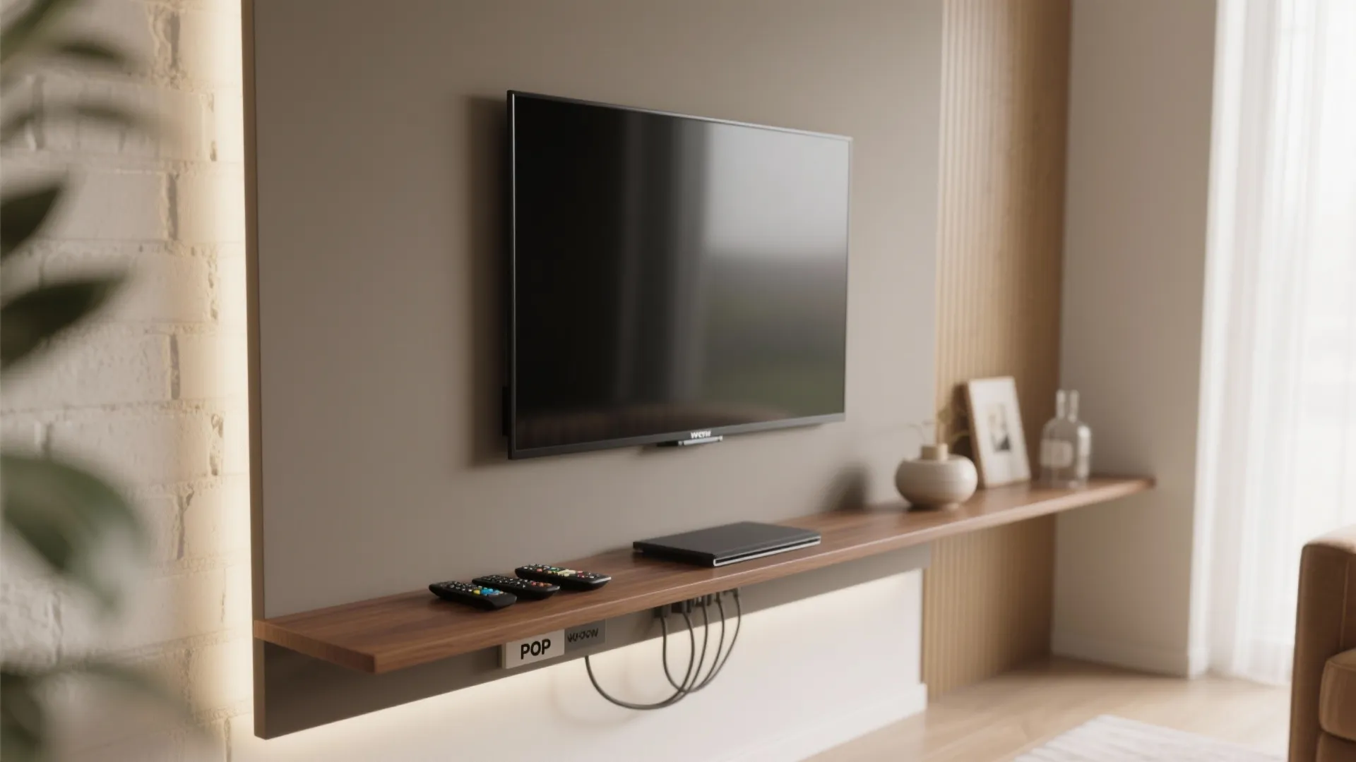 4) Ultra-slim floating shelf + concealed cable chase