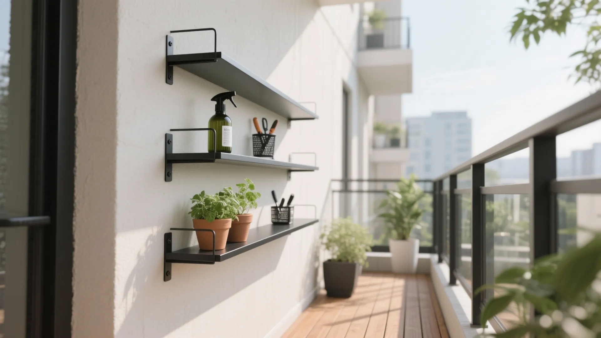 Slim wall-mounted balcony shelving with shallow powder-coated rails and herbs, keeping the floor clear.