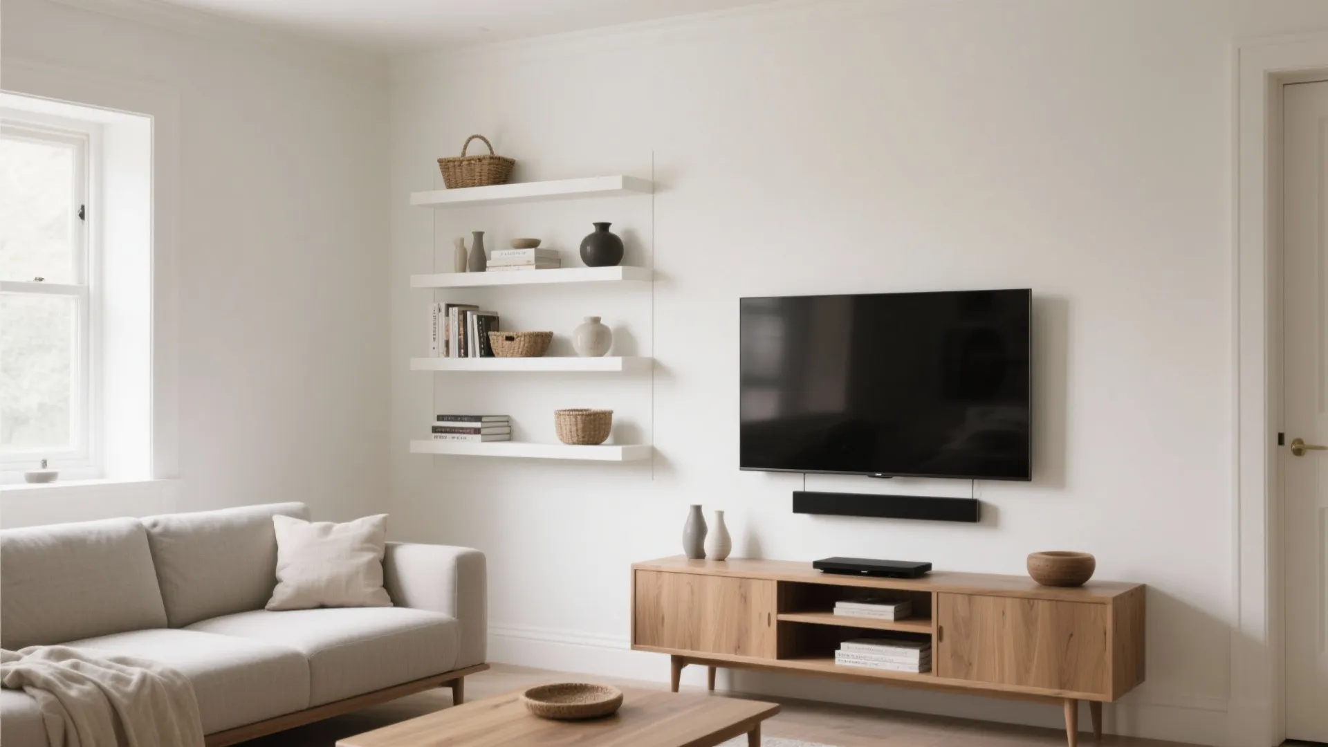 Modern living room featuring white wall shelves with books plus wooden cabinet and grey fabric sofa