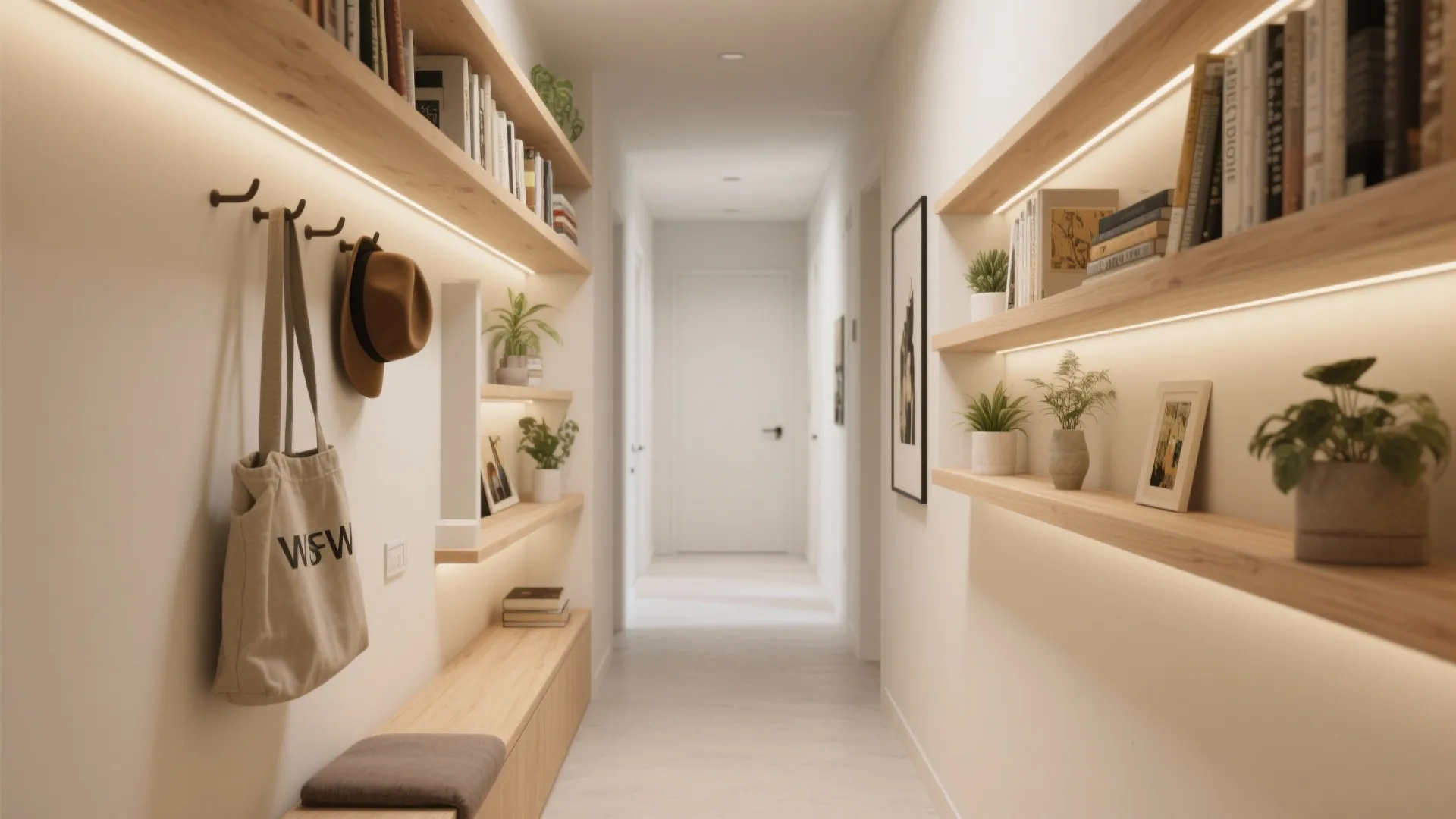 Modern narrow hallway with light wood shelves holding books plants and a hanging brown bag