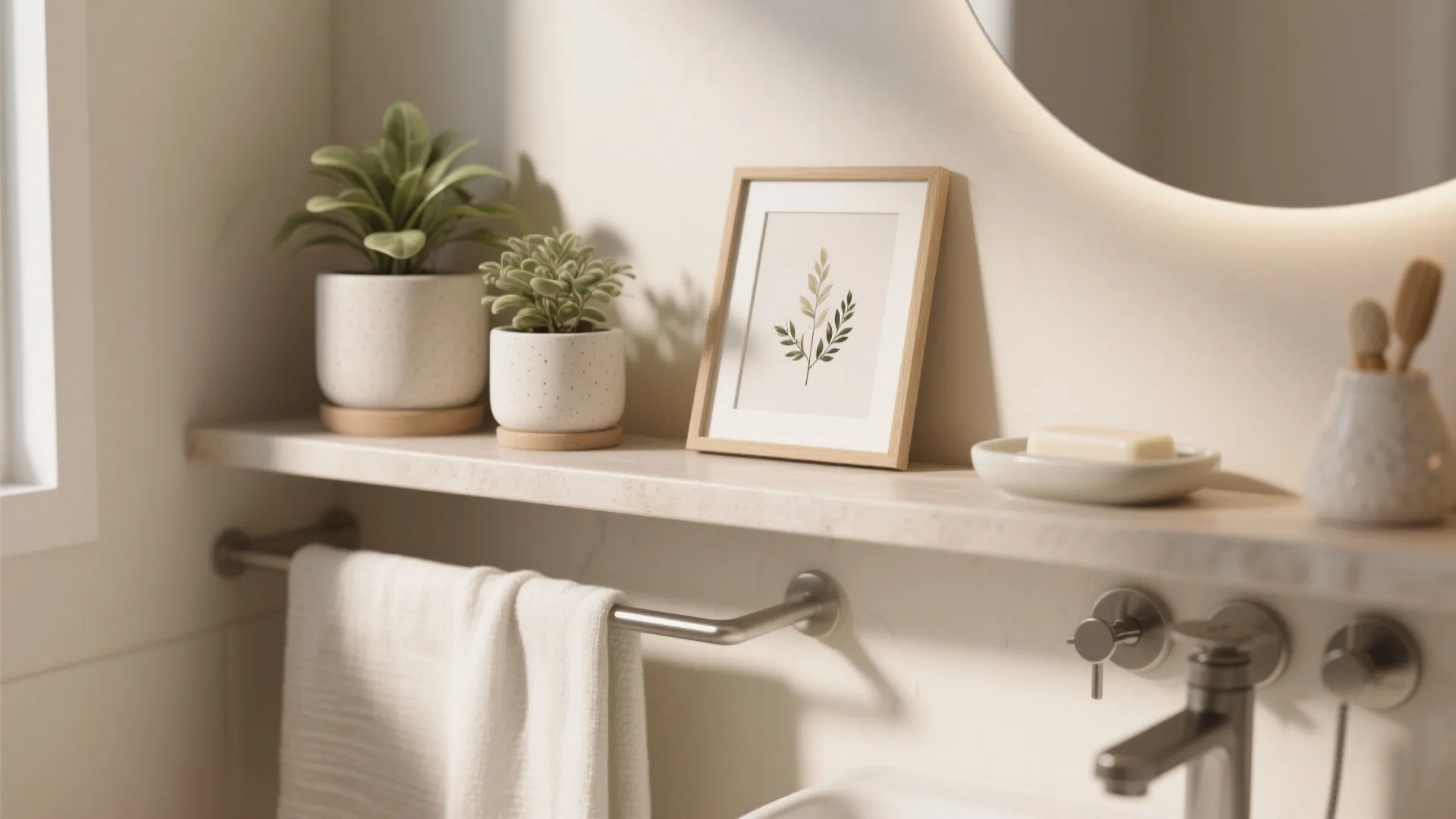 4. Slim shelving vignettes for plants and layered decor