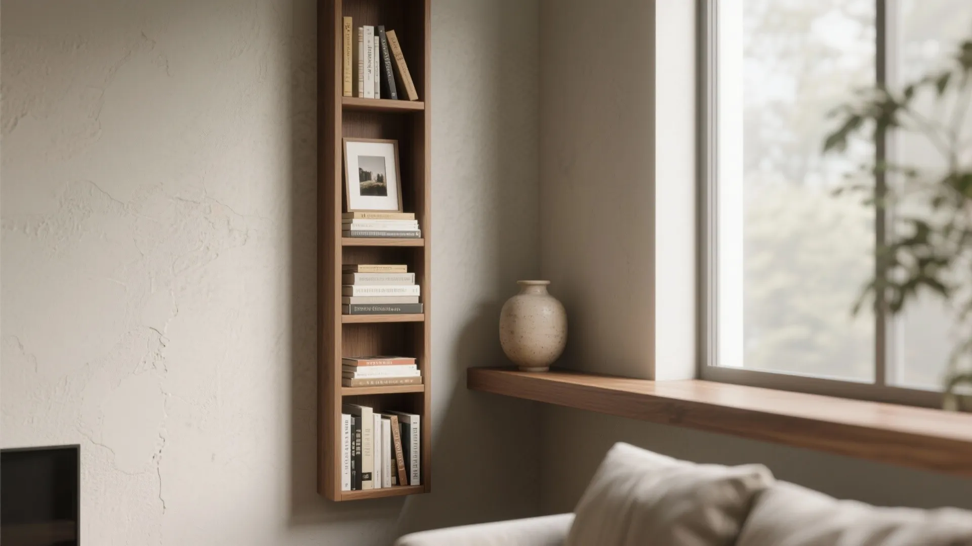 1. Slim floating shelves: vertical display without crowding