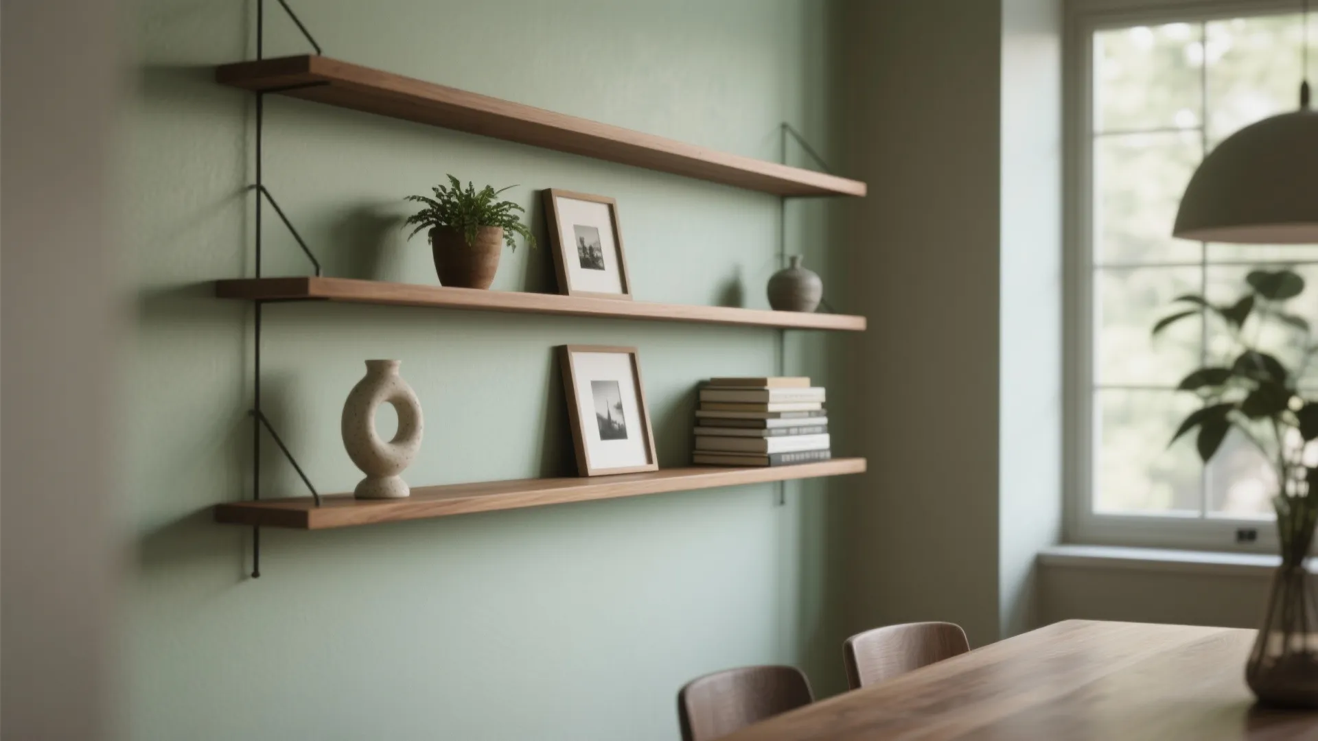 Three wooden floating shelves on green wall with small plant framed pictures books and vase