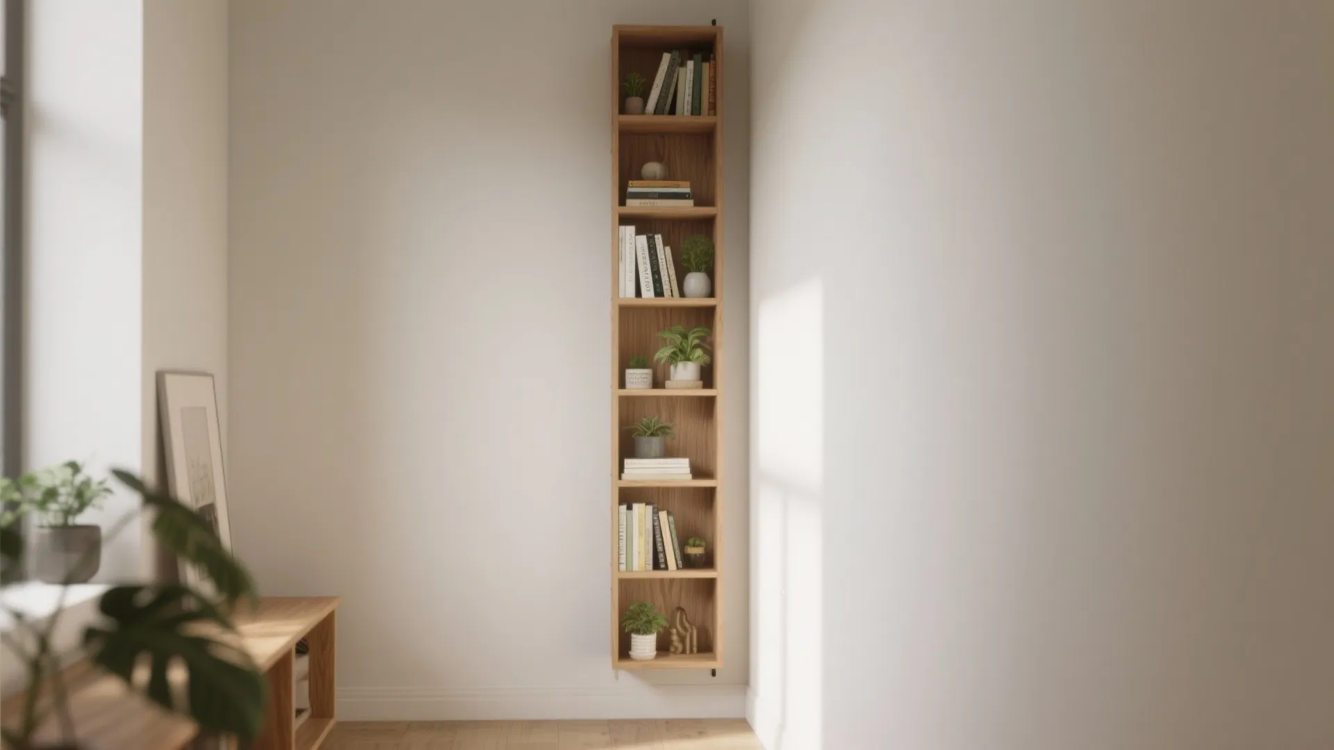 Slim floor-to-ceiling wall-mounted shelves in a small room, styled with books and plants to visually raise the ceiling.