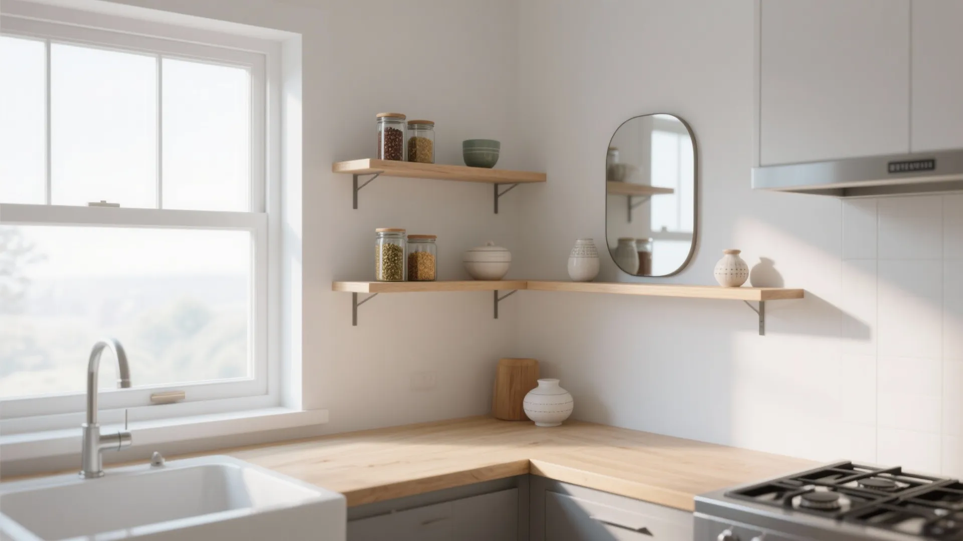 Minimalist white kitchen corner featuring wooden floating shelves with glass jars and a small mirror