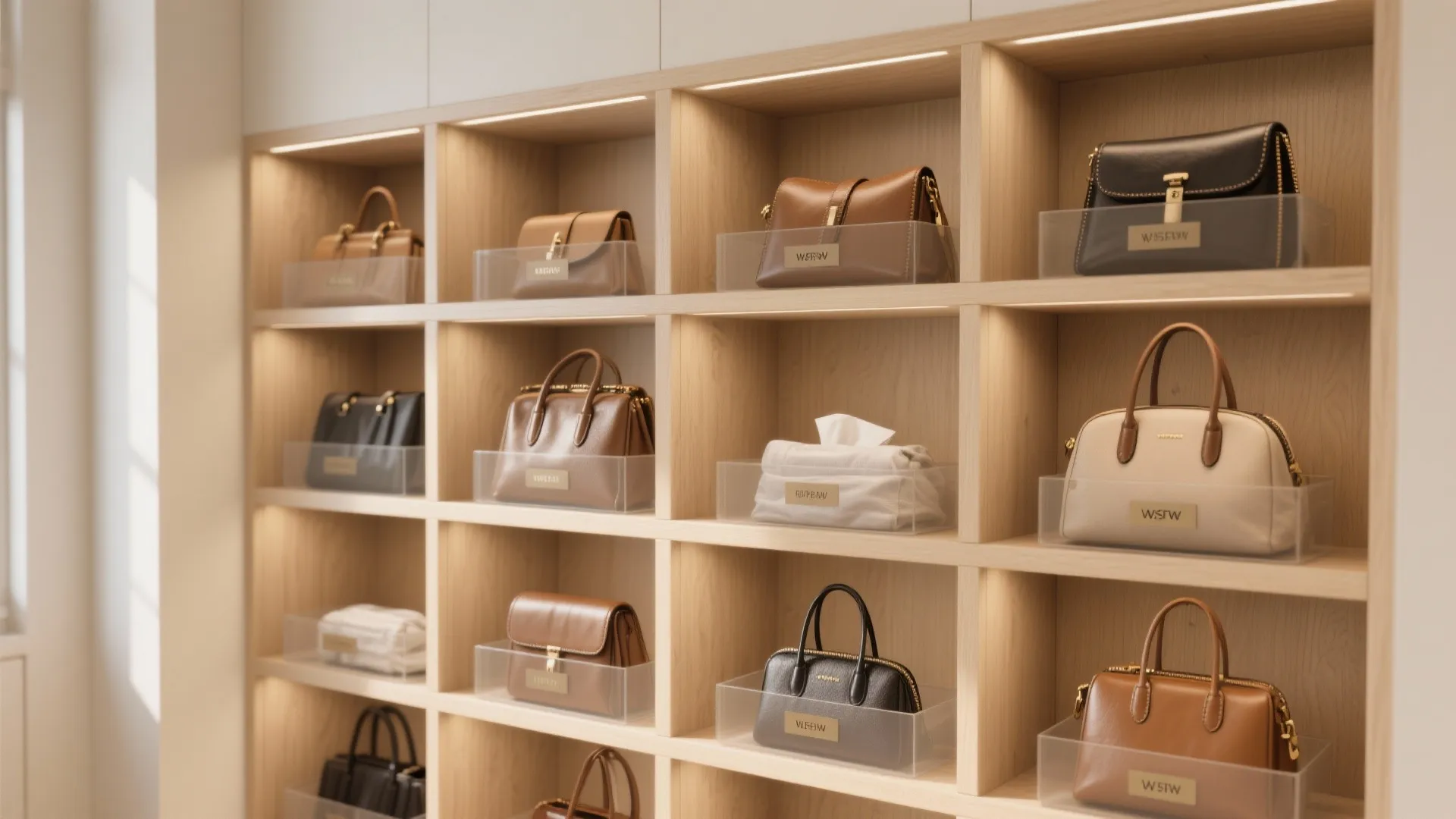 Wooden wall shelves with built-in lights displaying various handbags inside clear plastic boxes and organizers