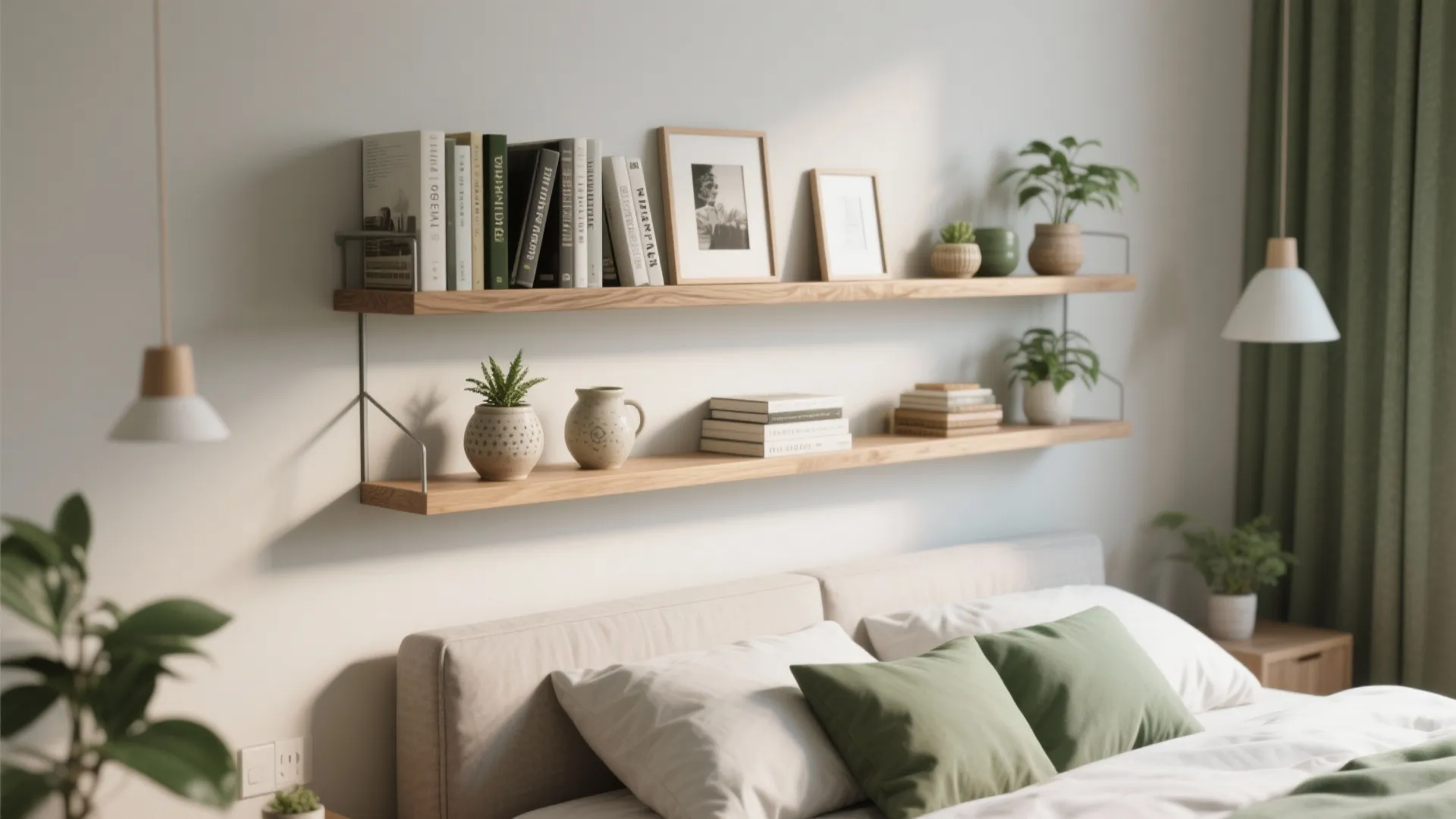 Bedroom wall with two wooden shelves holding books plants and photos above a comfortable bed