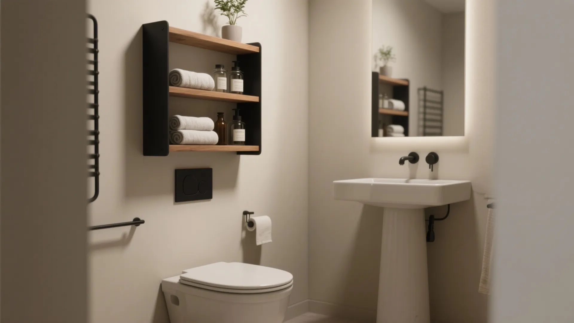 Slim wall shelves above a toilet in a studio bathroom, styled with towels, jars, and a small plant in oak or matte-black finish.