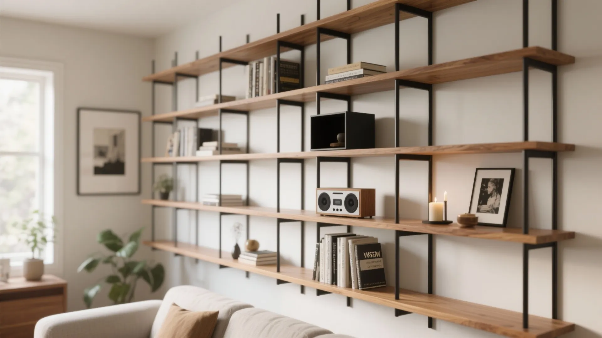 1) Slim floating shelves that double as art
