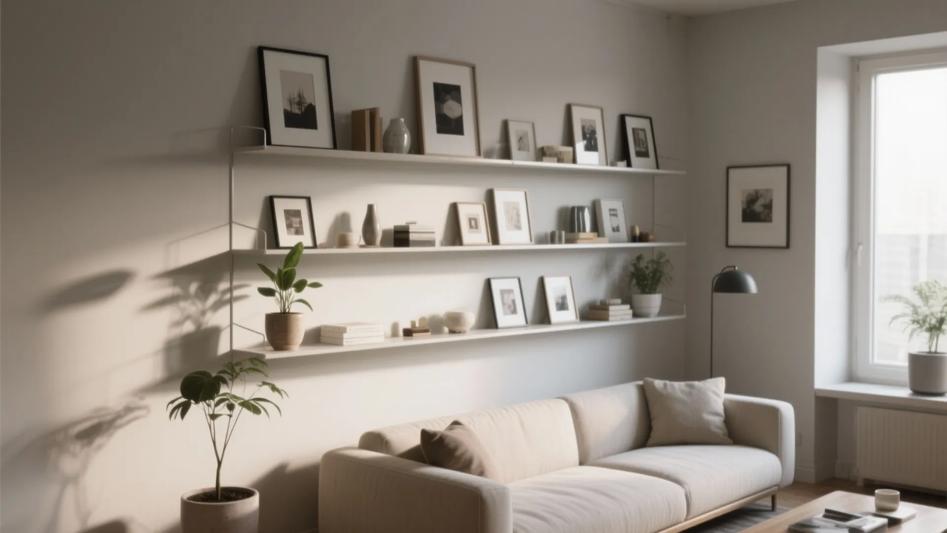 3. Slim shelving + gallery combo to double purpose