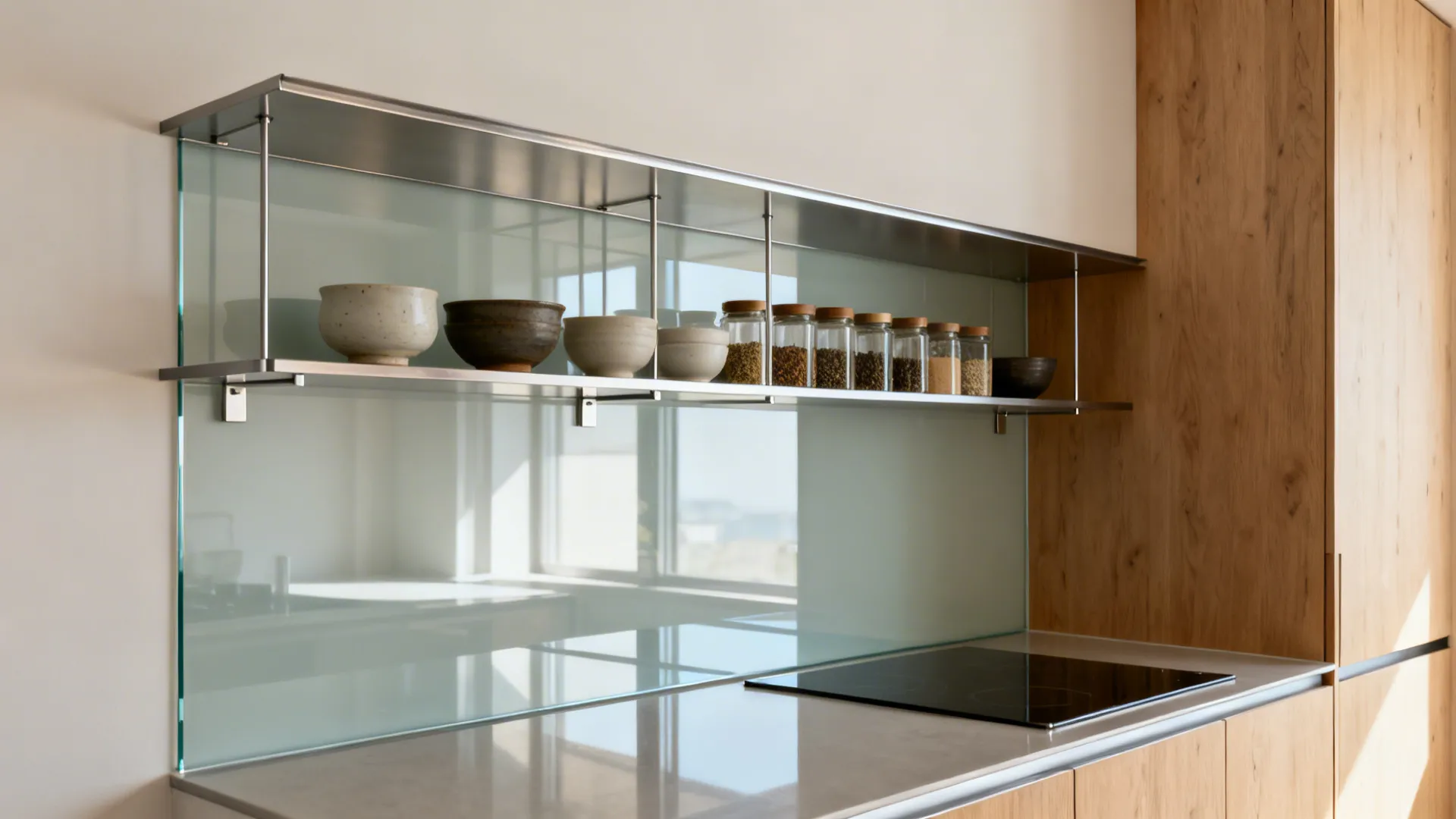 Slim steel shelves float over a low-iron glass backsplash, displaying curated ceramics.