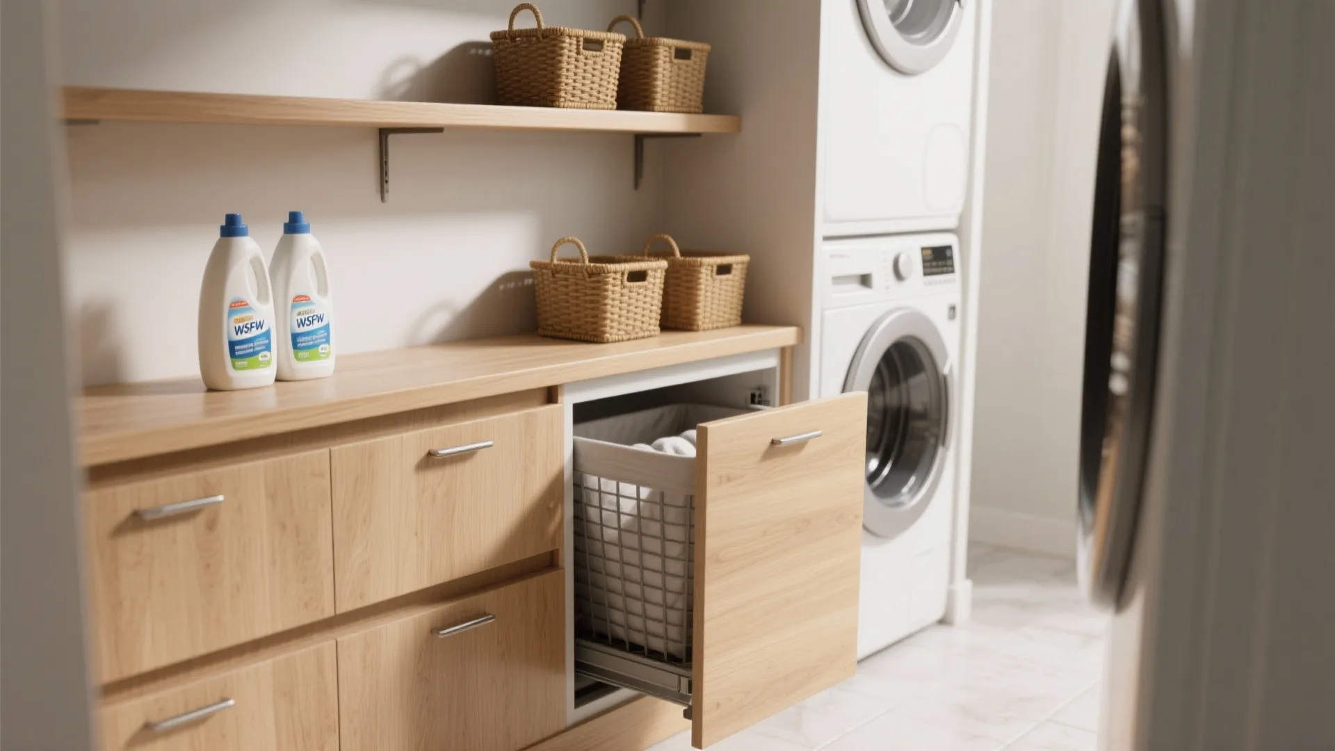 1. Slim Floating Shelves with Hidden Hampers