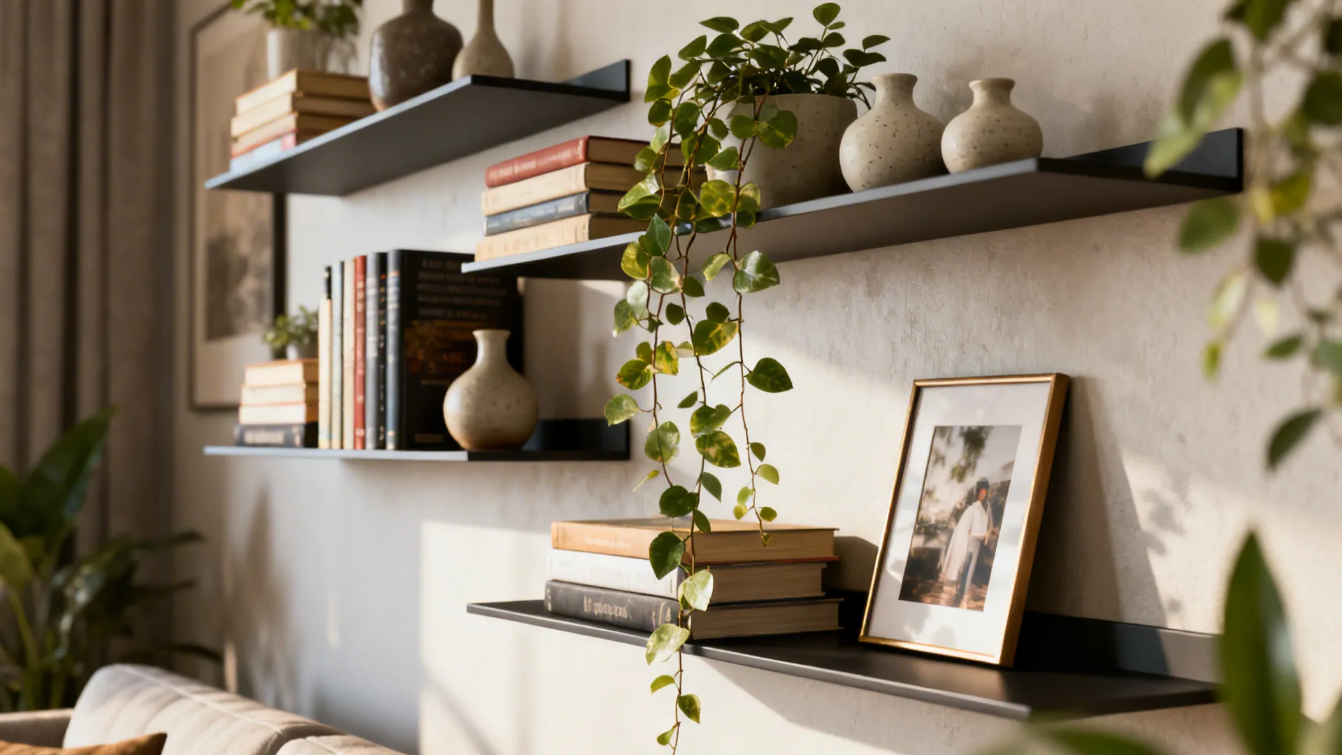Black wall shelves holding books small vases green hanging plants and a gold picture frame
