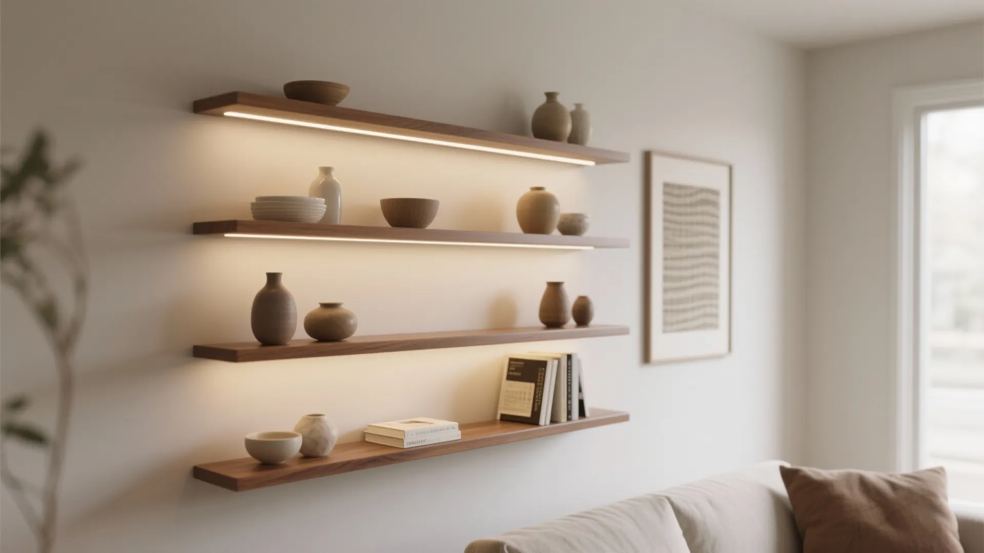 Slim Floating Shelves with Hidden Lighting