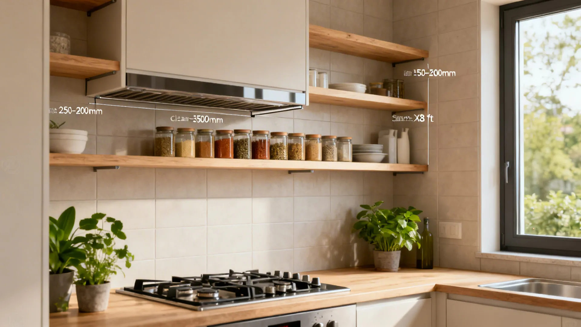 Slim open kitchen shelves above a hob with a clear ventilation gap and nearby window.
