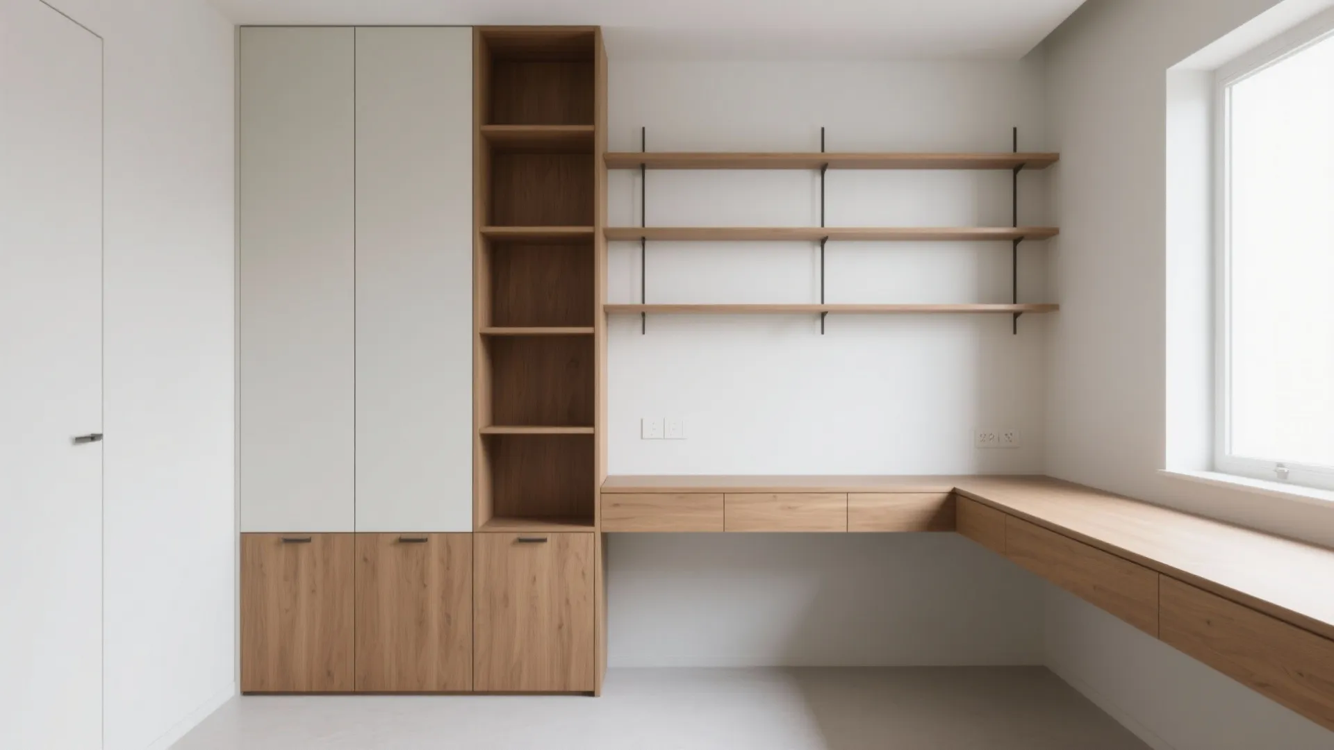 Minimalist home office interior design drawing with wooden desk wall shelves cabinet and natural light