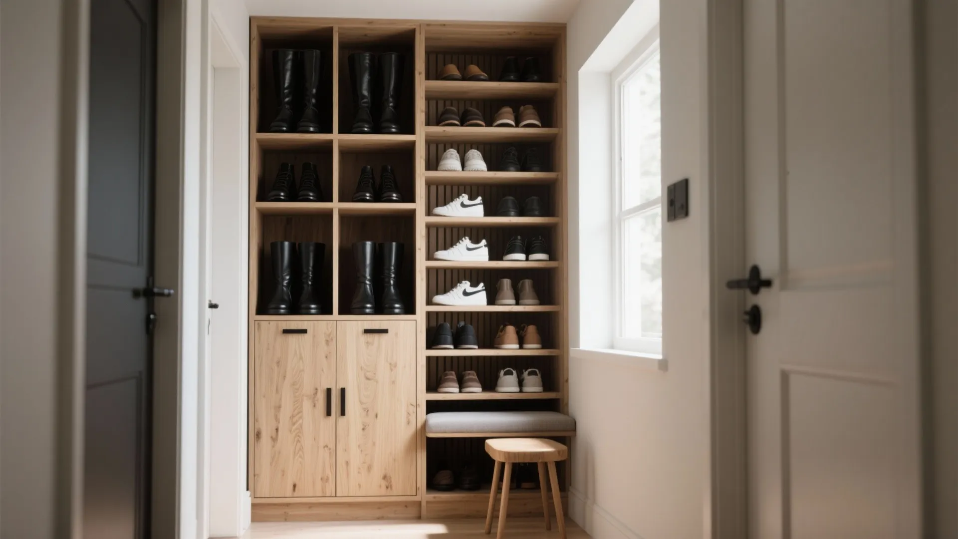 1. Vertical slim shelving with open-and-closed layers