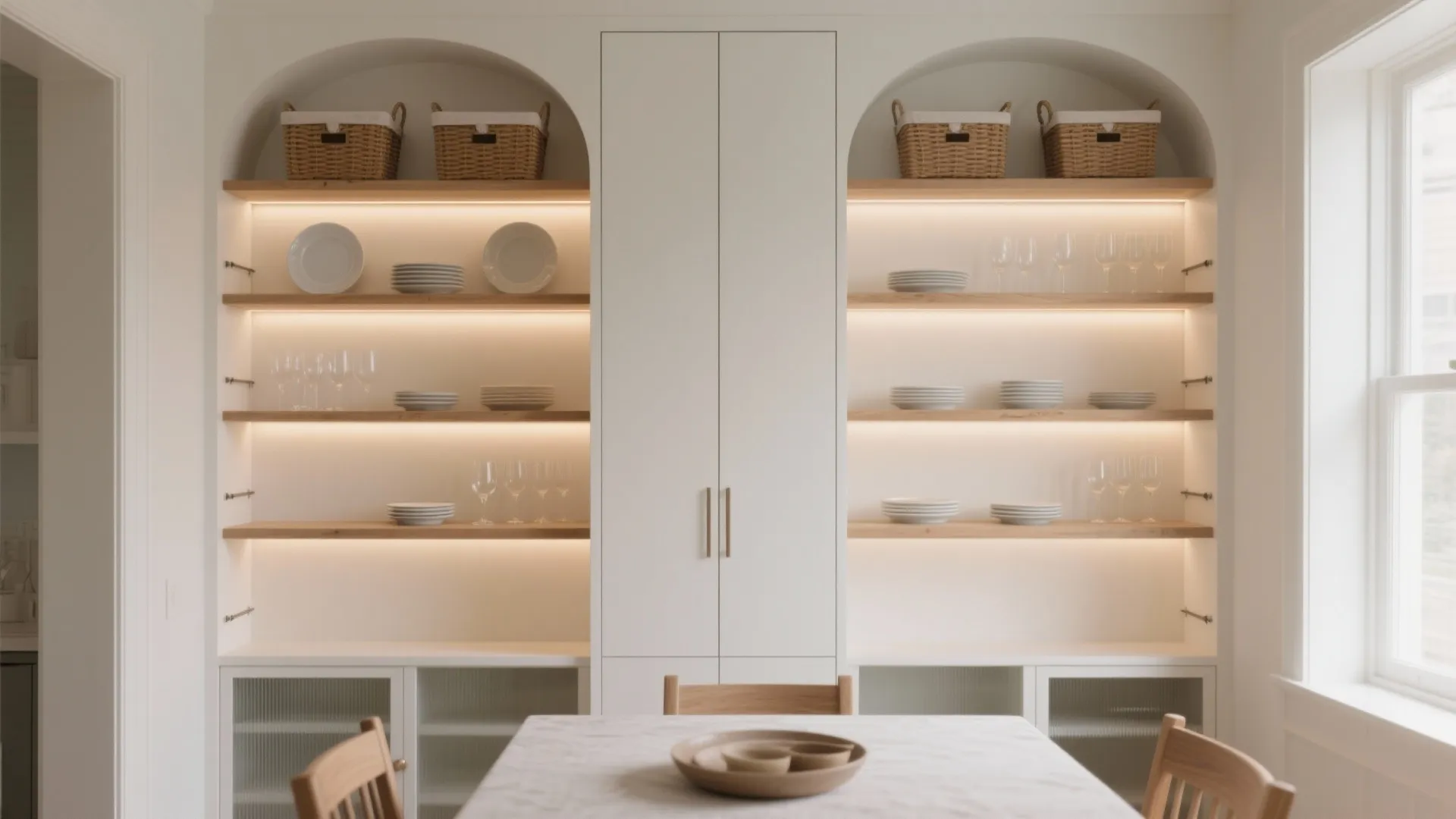 Tall, slim shelving or built-ins between studs