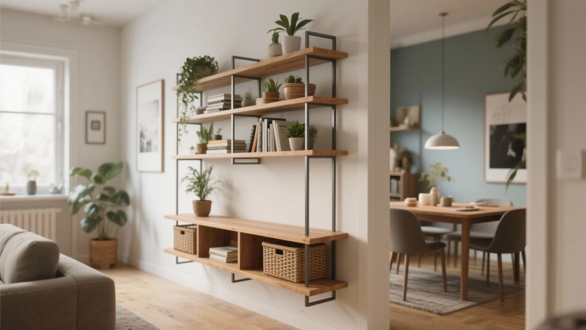 3. Slim shelving or console for storage and separation