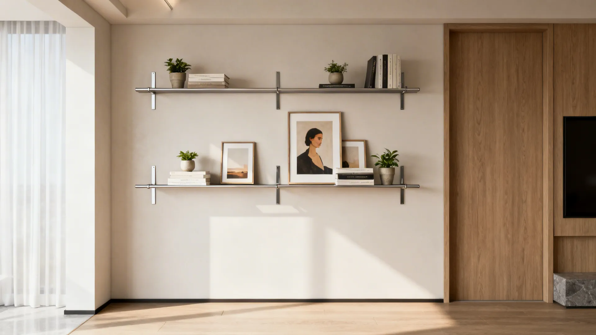 Small living room wall with slim metal shelves holding books, plants, and rotating décor