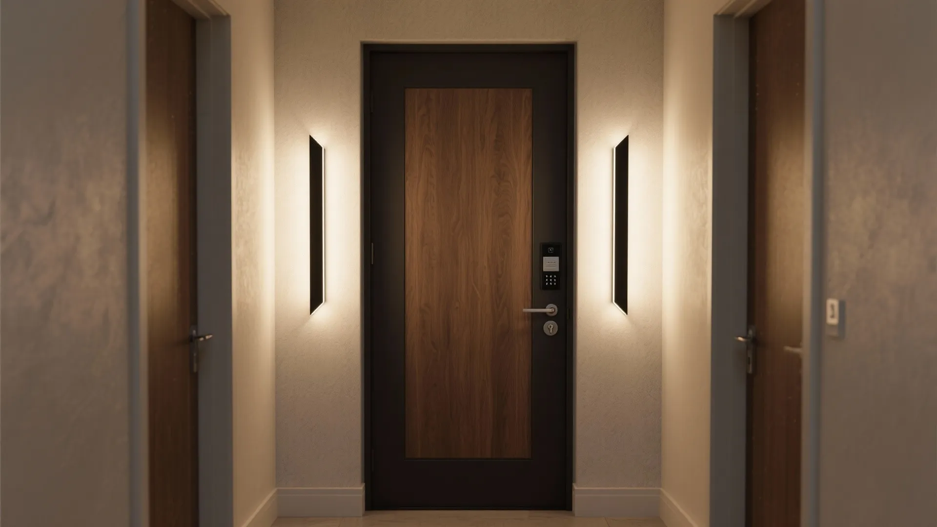 Narrow hallway with wooden door and two long vertical wall lights on both side walls