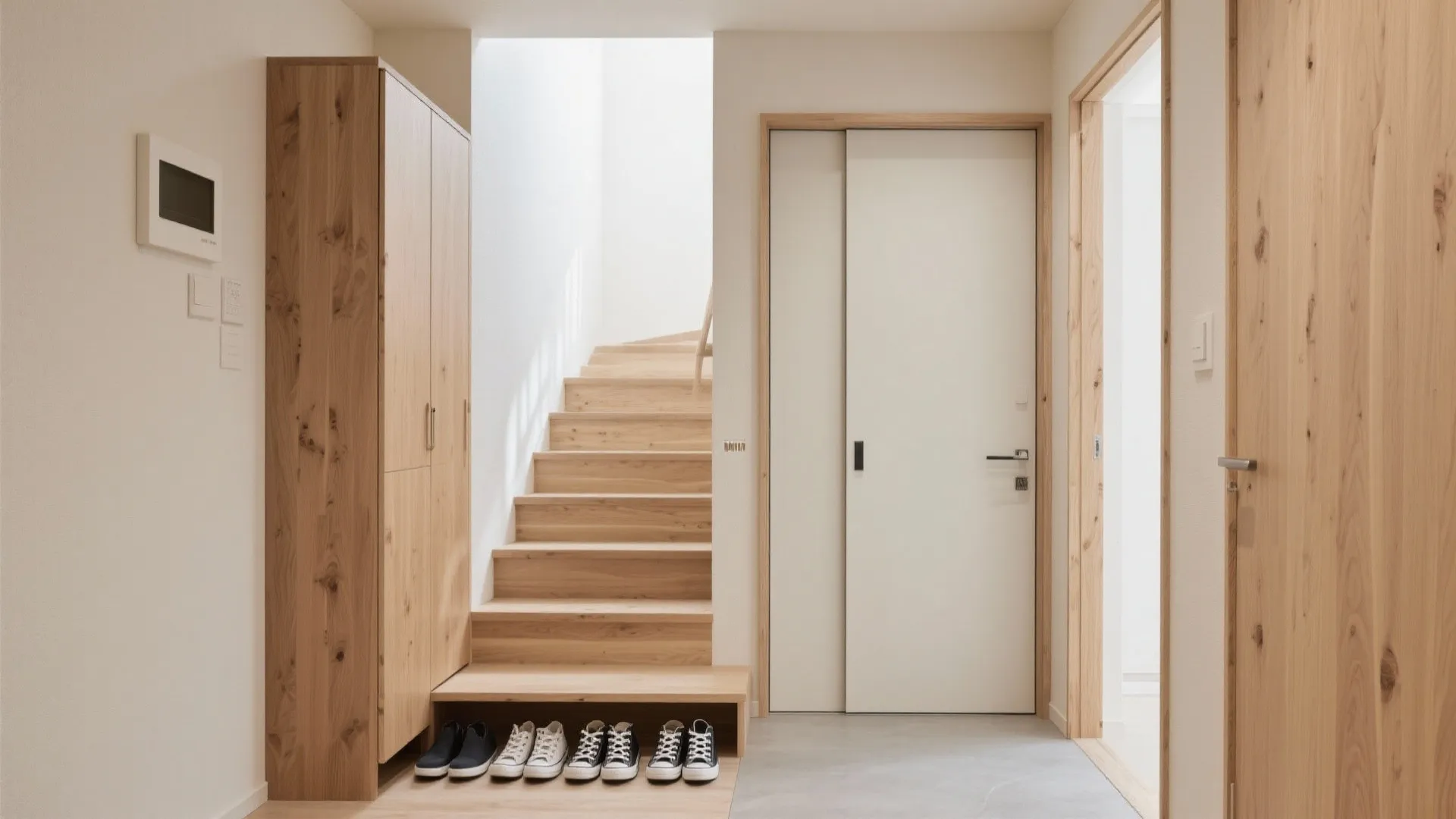 Tips 9: 靴収納は“リズム配置”で階段際に（動線規劃・収納技巧）