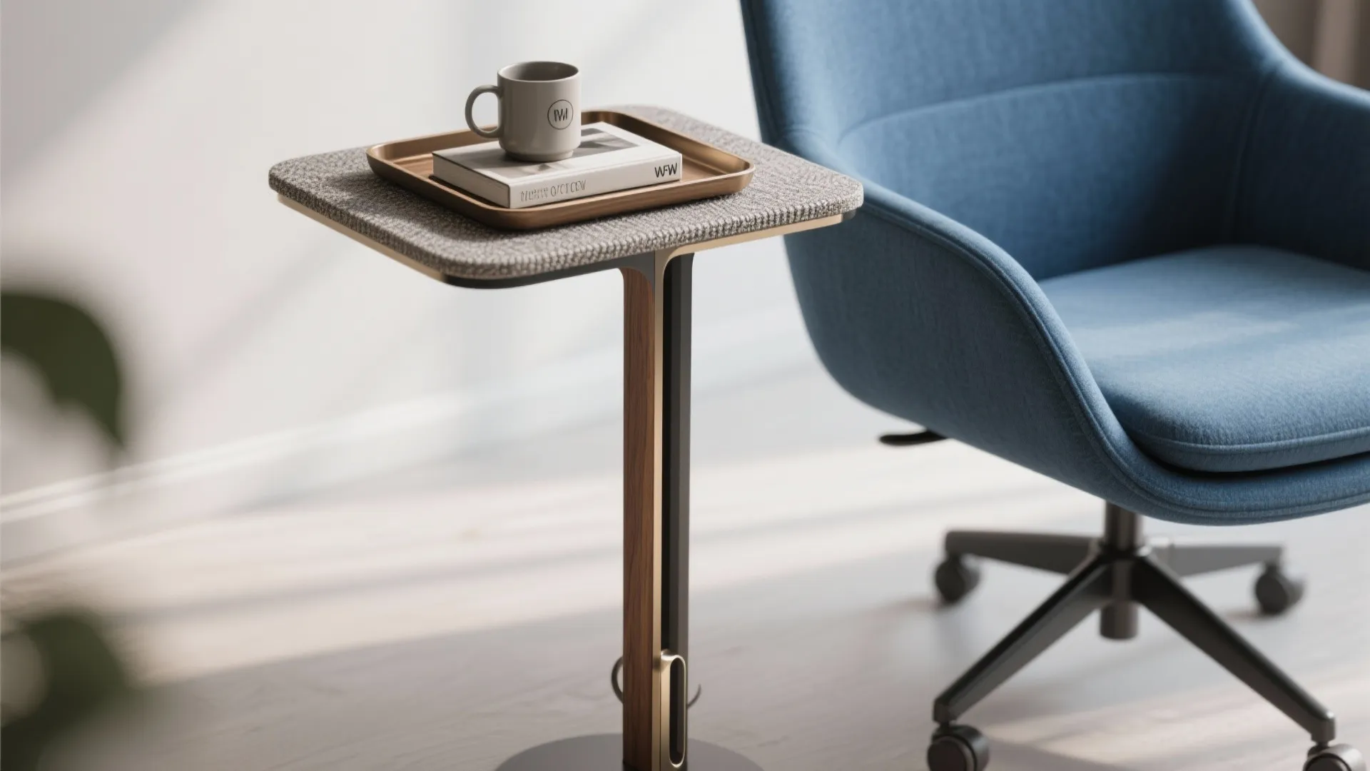 2. Pair a blue swivel with a slim side table