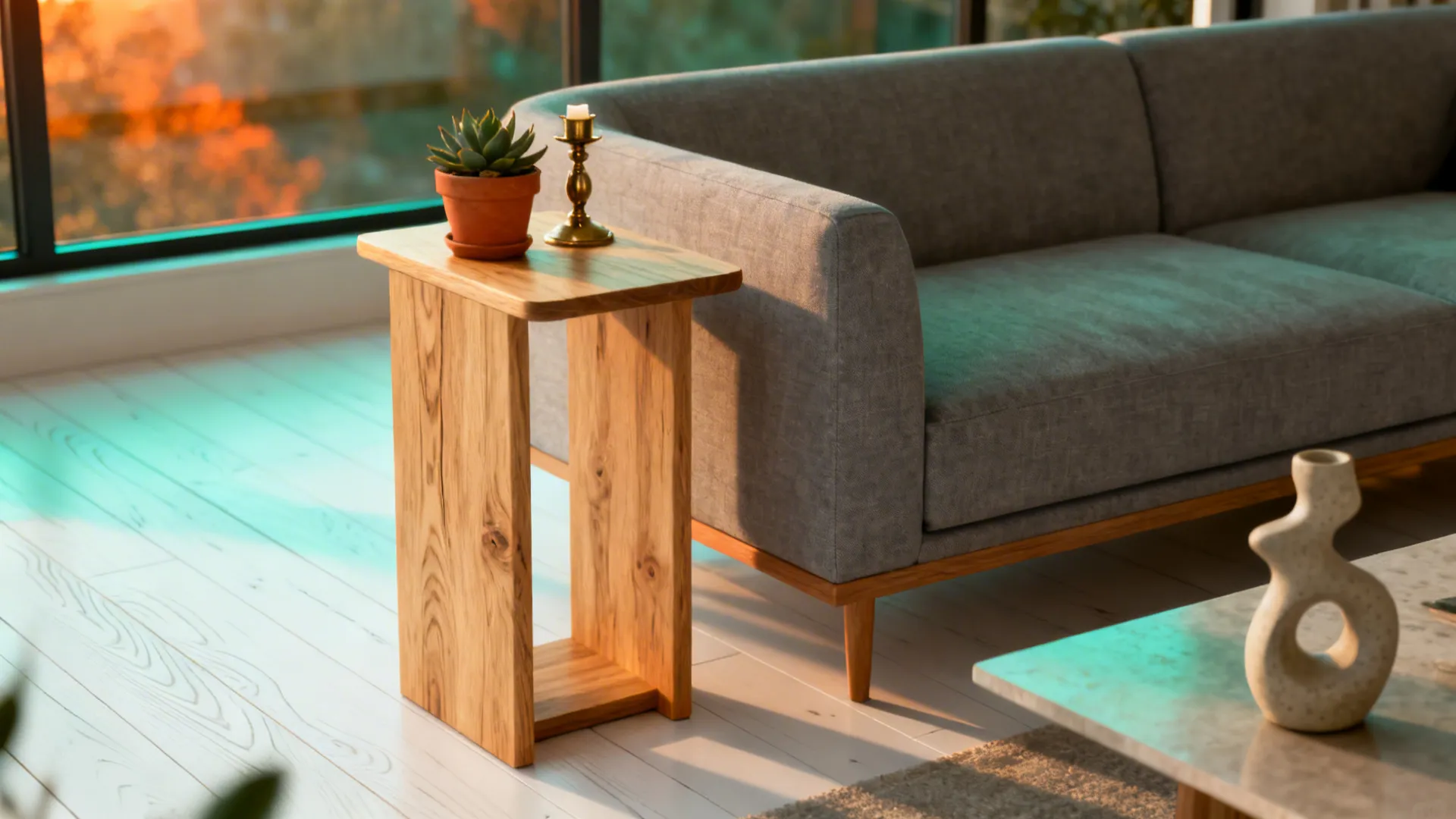 Slim wooden side table next to grey sofa with small plant candle and large glass windows