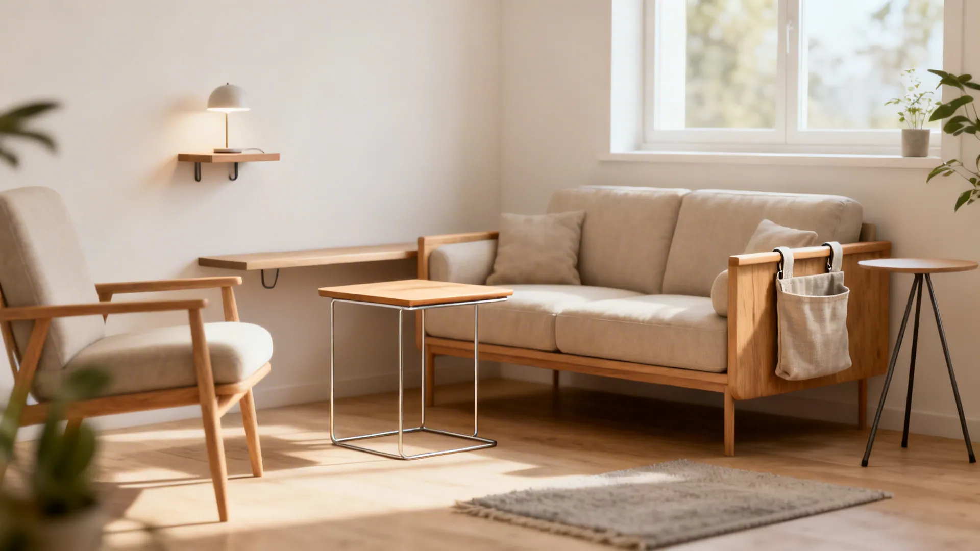 Bright living room with wooden sofa and armchair plus several small side tables and natural light