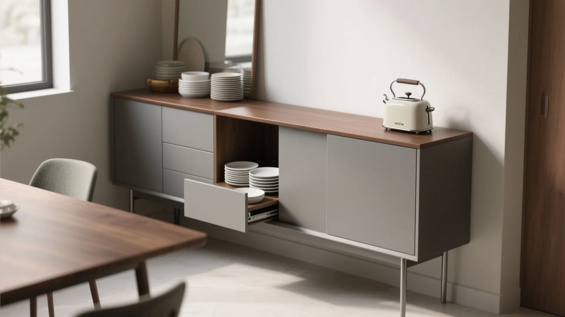 Narrow multi-functional sideboard used as prep station with slim profile and organized storage.
