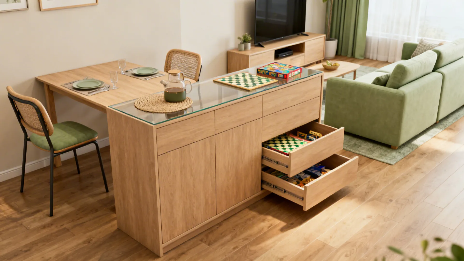 Slim matte-wood sideboard gently divides a small living area and dining nook with clear sightlines.