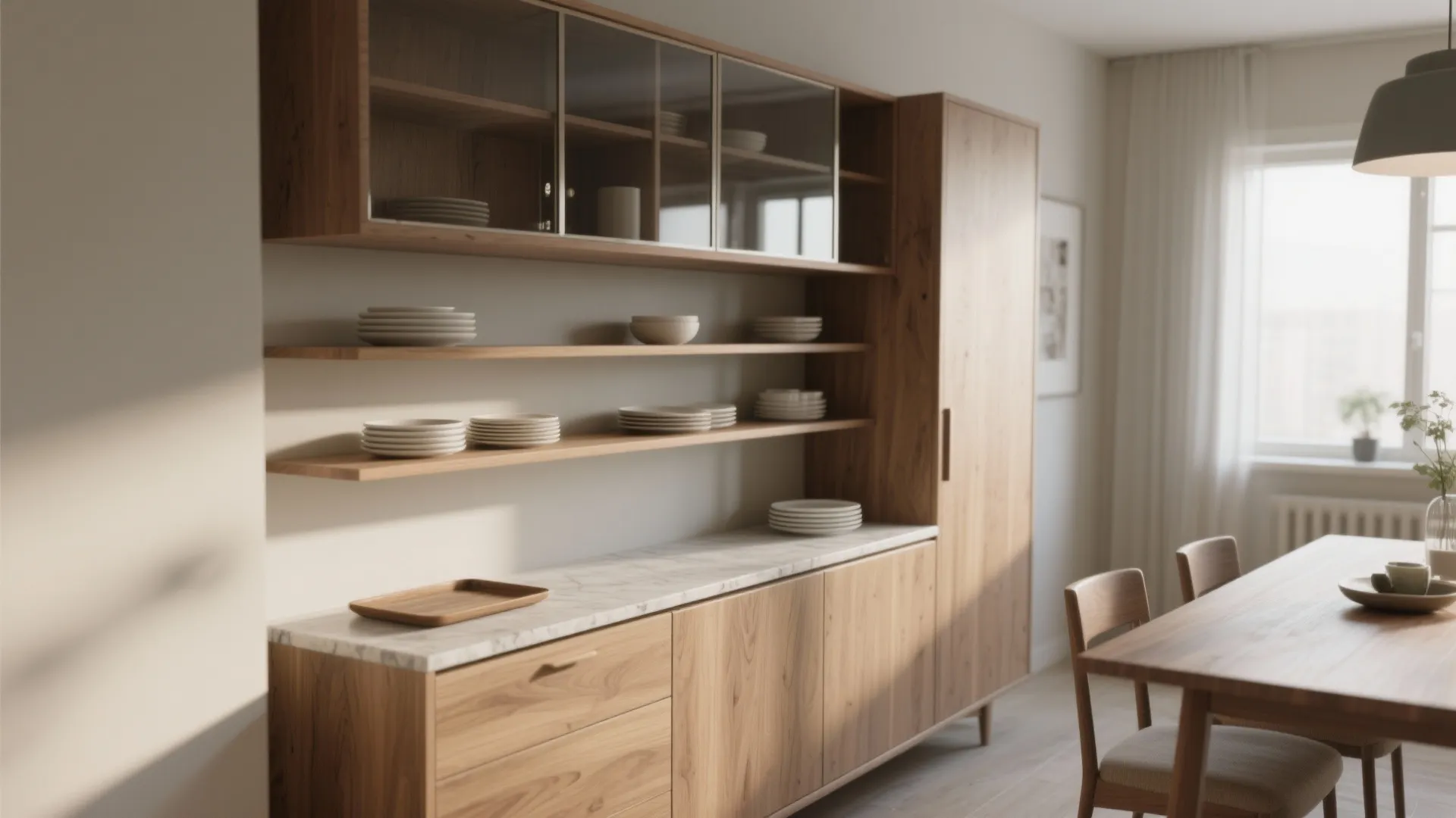 Modern wooden cabinet with open shelves displaying plates and bowls next to a dining table