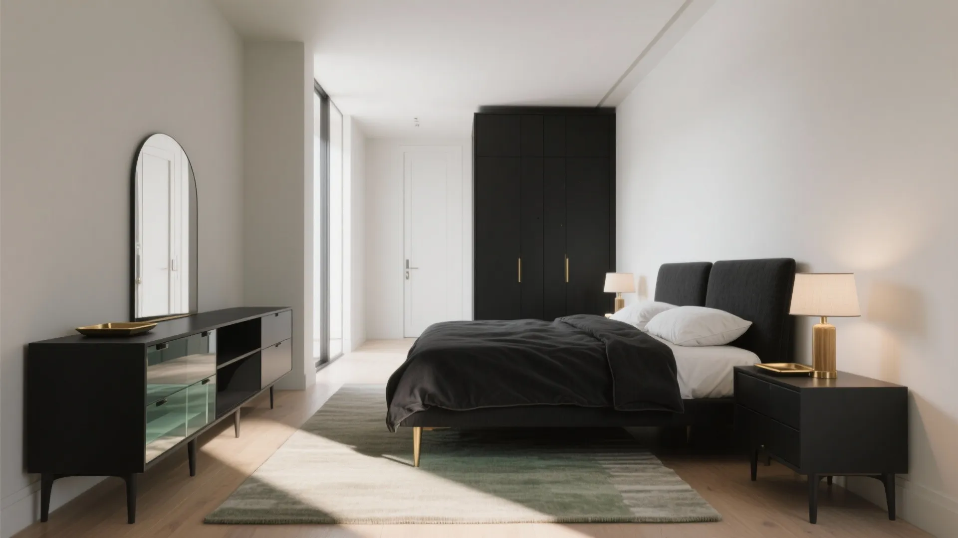 Minimalist white bedroom featuring black bed, black cabinet, tall mirror, and natural sunlight through windows