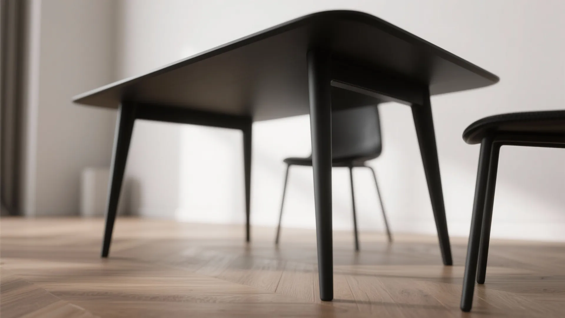Minimalist black dining table and chair set on a wooden floor in a bright room