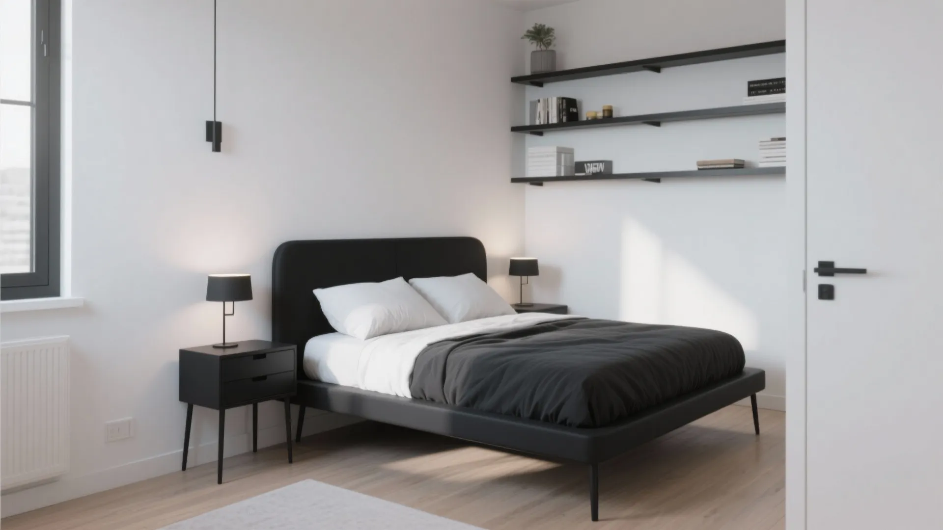 Small bedroom with slim black nightstands and low-profile platform bed creating airy sightlines.