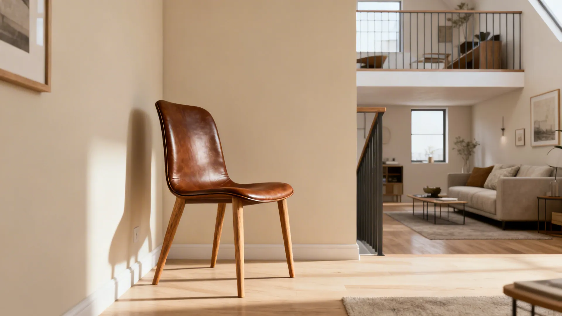 Compact loft with a slim saddle-back brown leather chair and exposed legs keeping sightlines open
