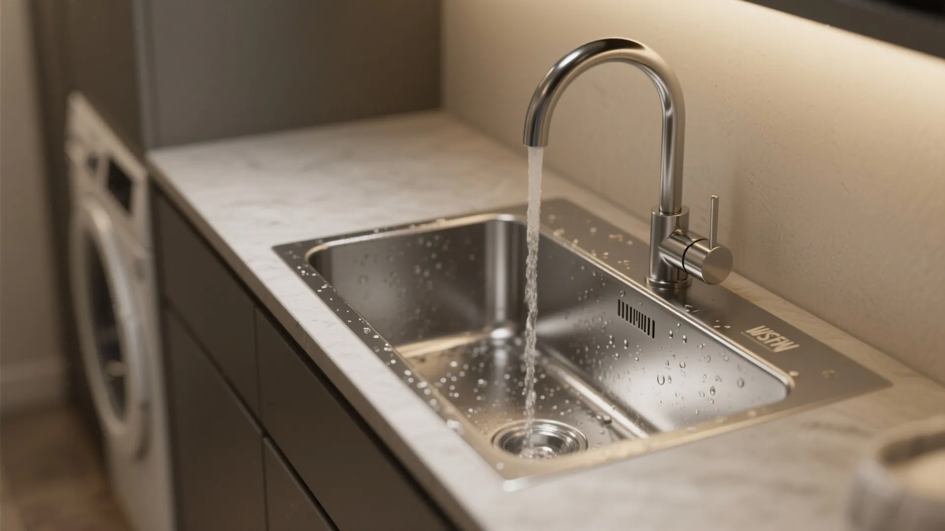 Stainless steel kitchen sink with water flowing from a silver faucet on a marble countertop