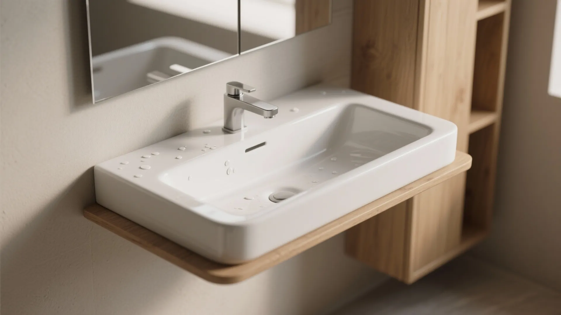 Close up view of a modern white bathroom sink on a wooden shelf with mirror