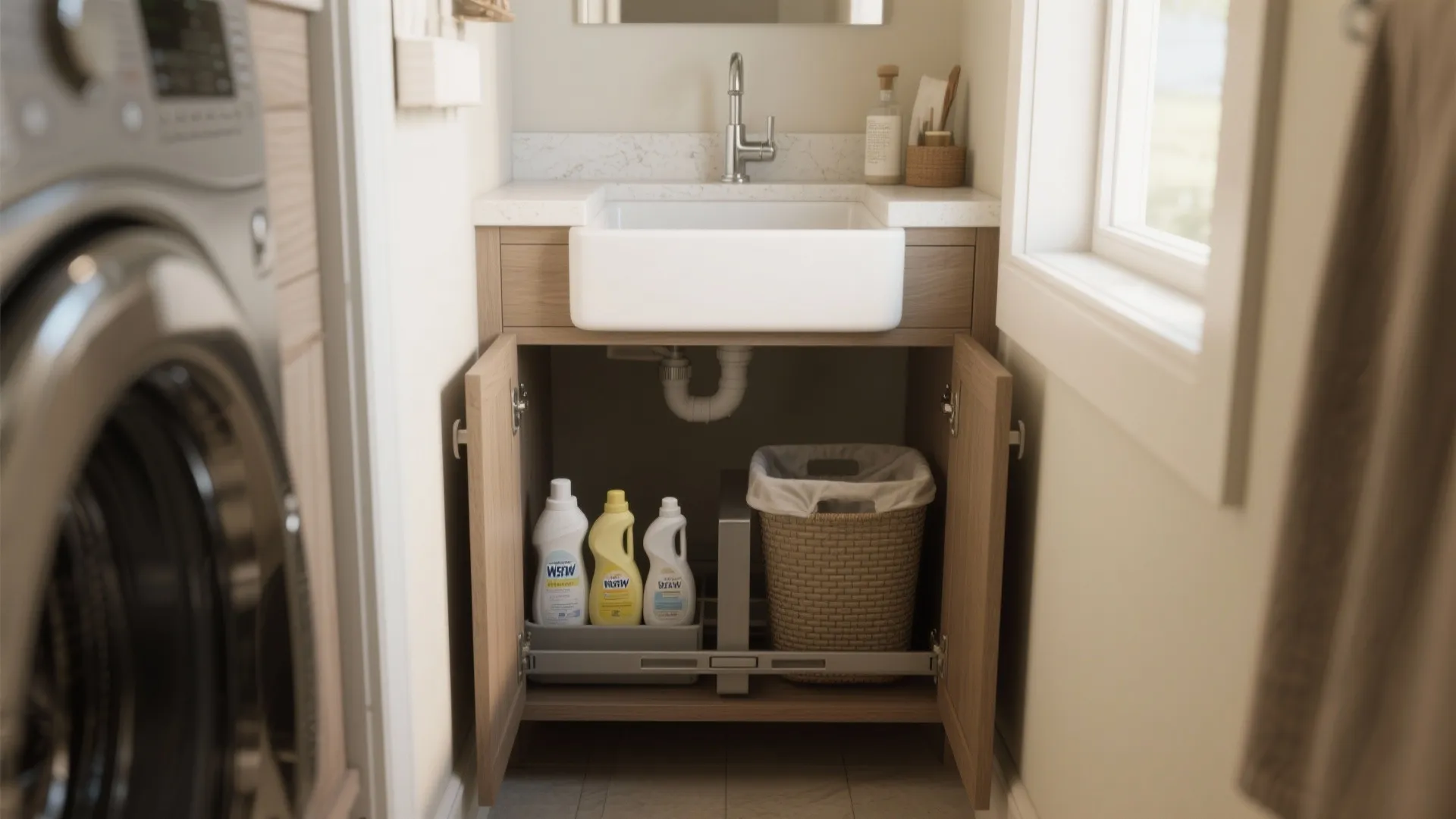 1. Slim sink cabinet with pull-out hampers