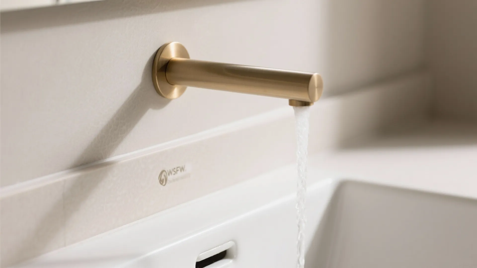 Macro detail of a slim wall-mounted sink with integrated backsplash and brushed brass faucet.