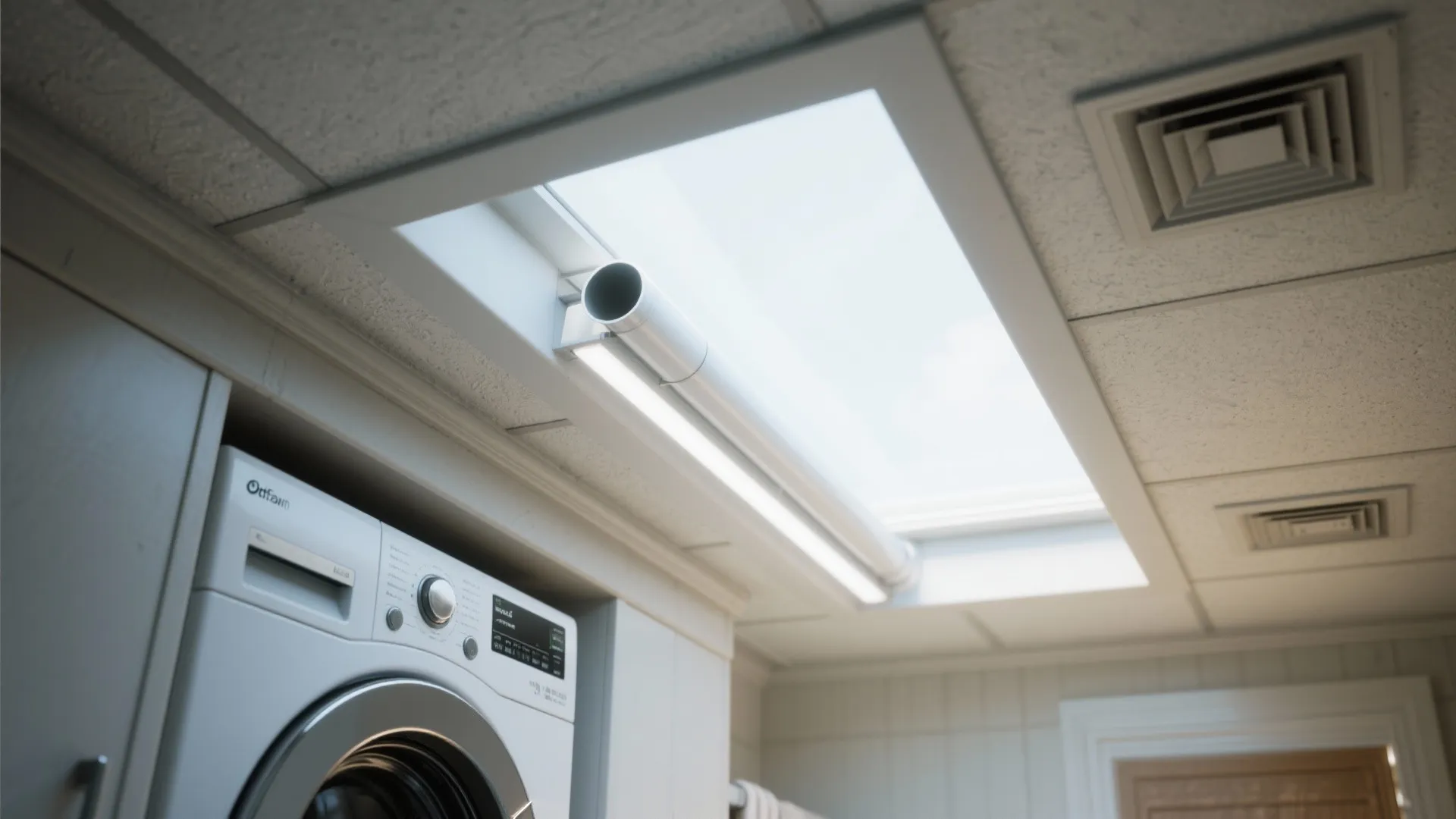 White washing machine in laundry room featuring rectangular roof window and light fixture on ceiling