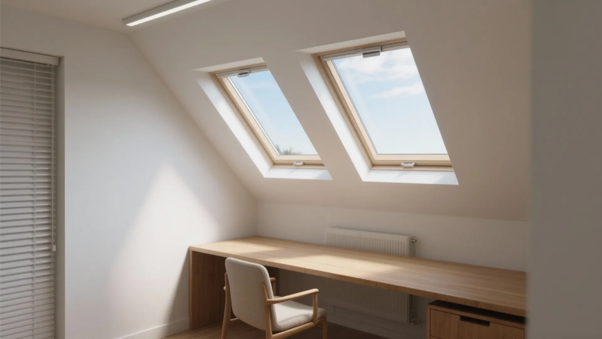 Bright attic workspace featuring two roof windows wooden long desk white walls and light floor